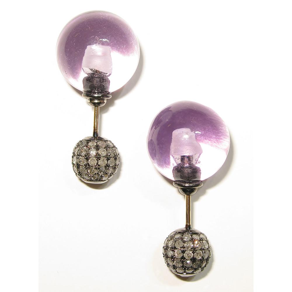 Mixed Cut Amethyst & Pave Diamond Ball Tunnel Earrings Made in 14k Gold & Silver For Sale