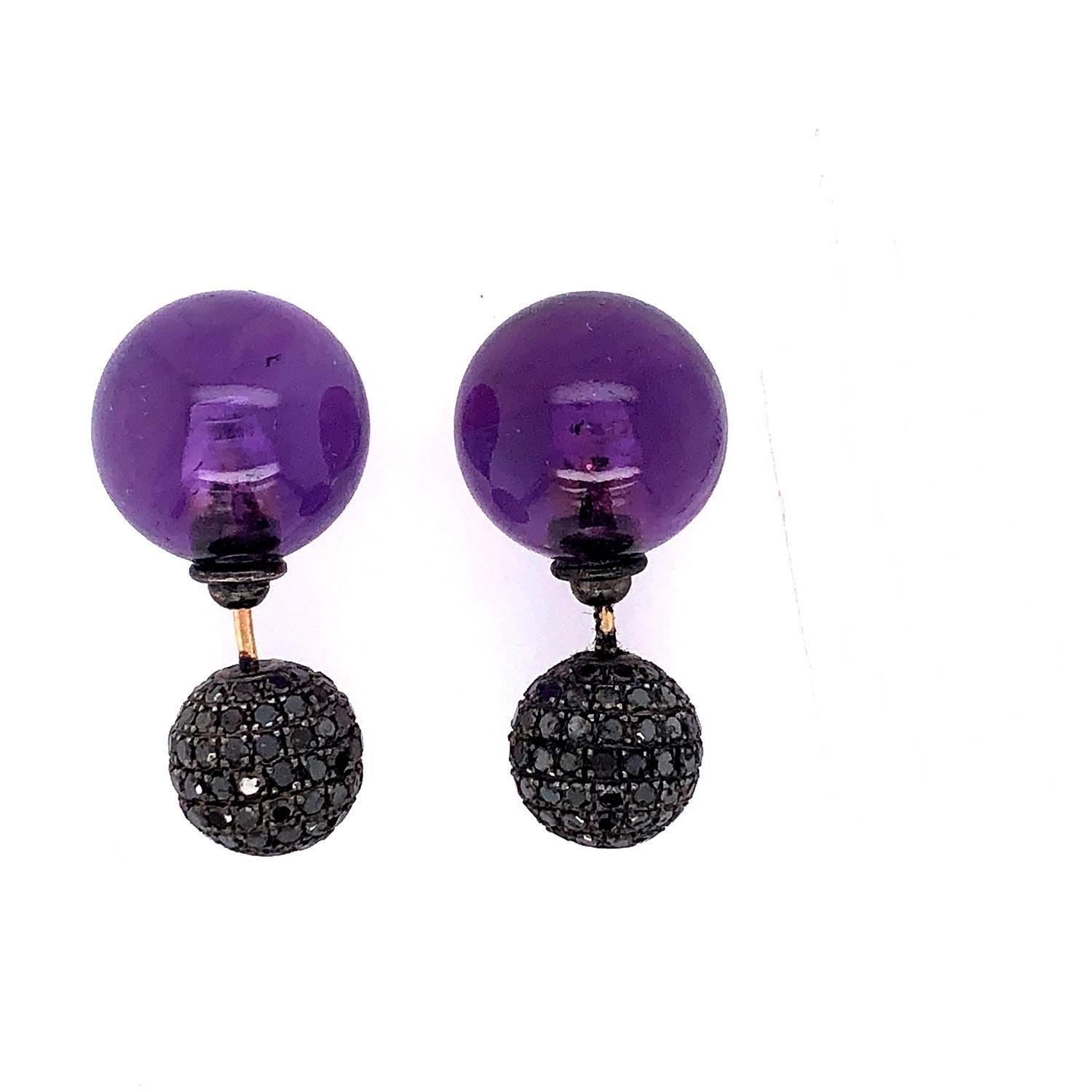 Artisan Amethyst & Pave Diamond Ball Tunnel Earrings Made in 14k Gold & Silver For Sale