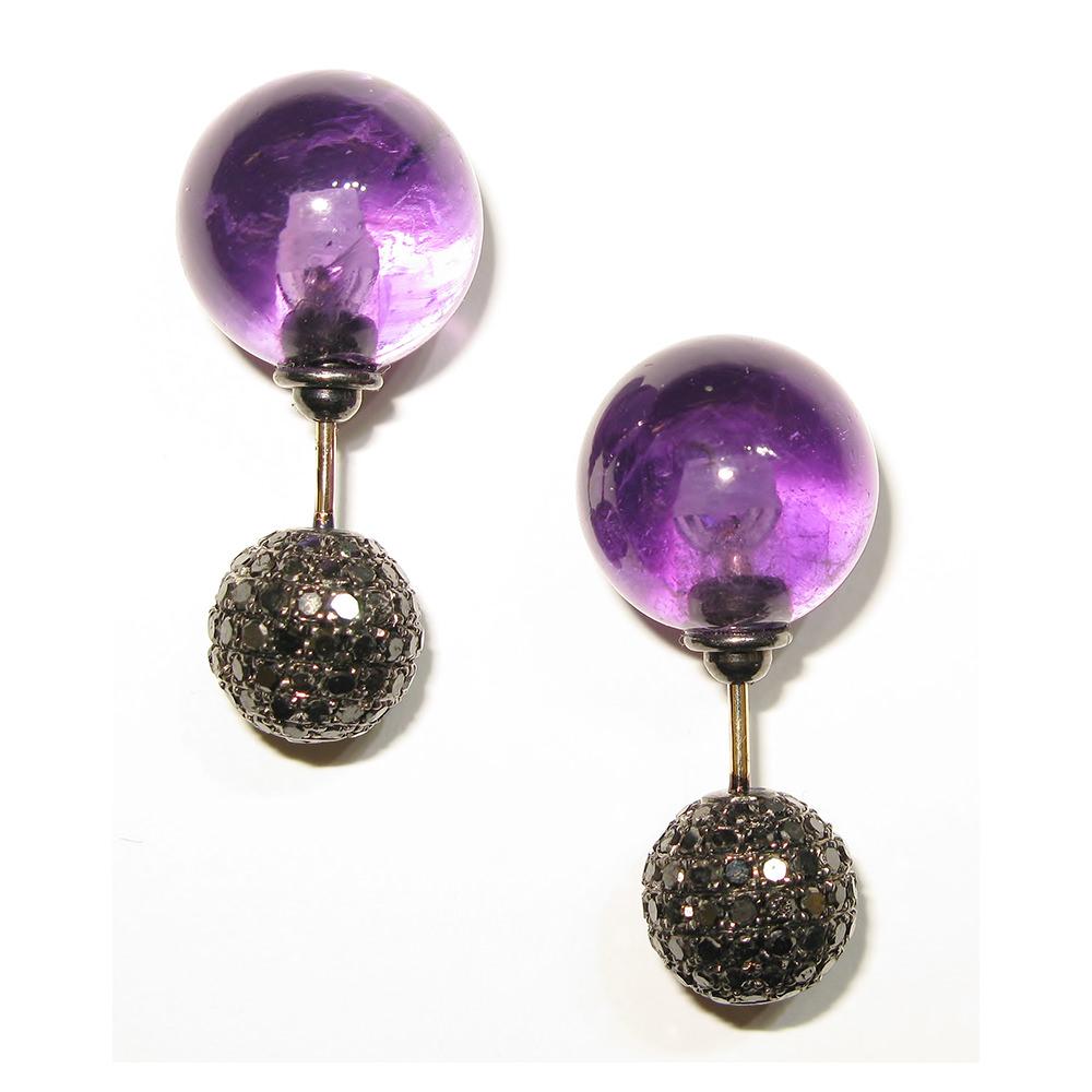 Mixed Cut Amethyst & Pave Diamond Ball Tunnel Earrings Made in 14k Gold & Silver For Sale