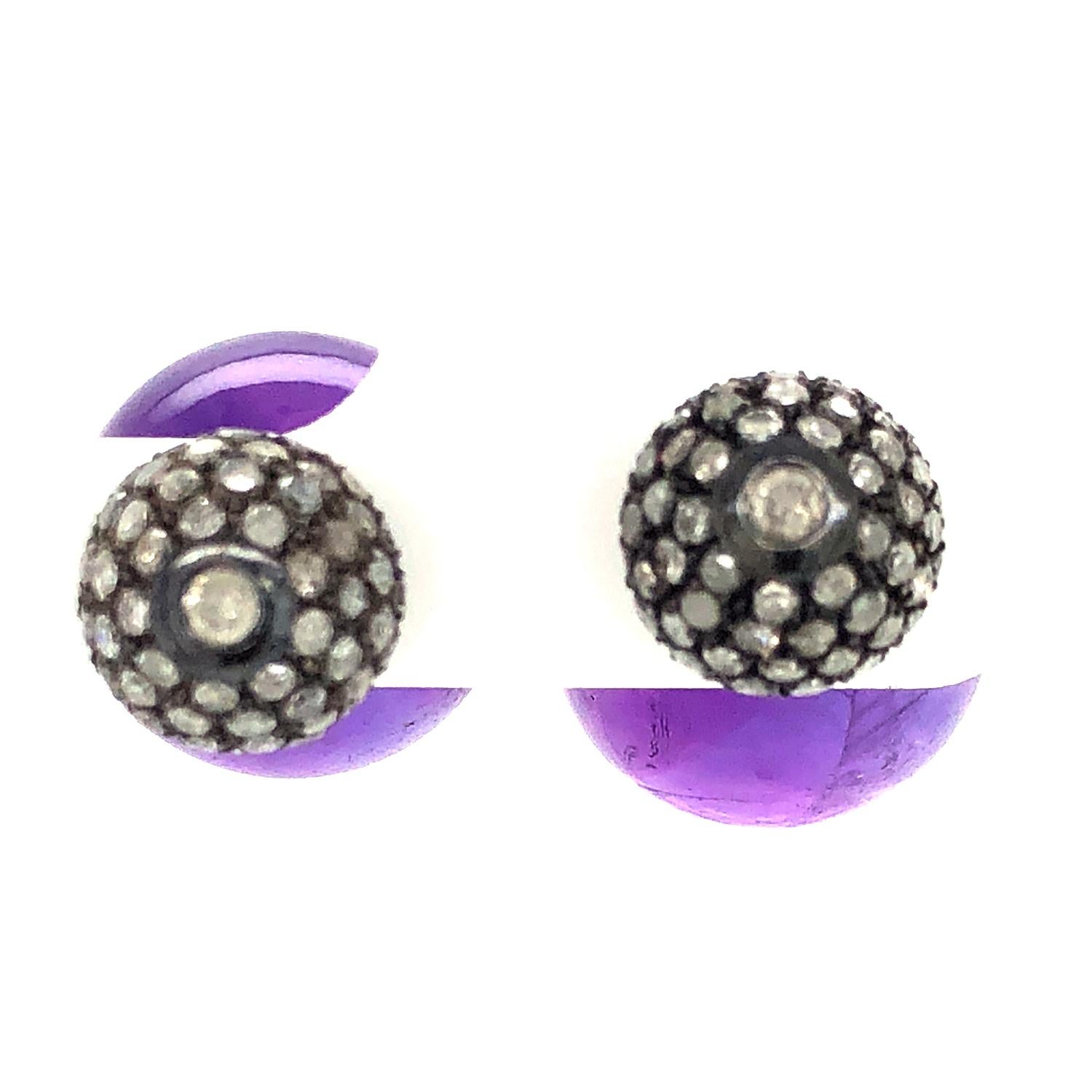 Amethyst & Pave Diamond Ball Tunnel Earrings Made in 14k Gold & Silver In New Condition For Sale In New York, NY