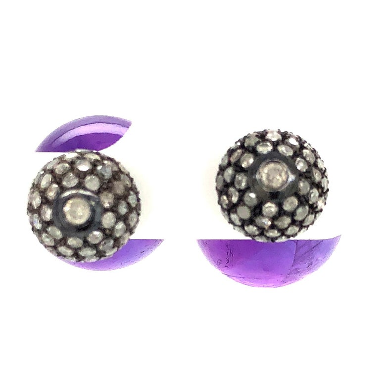 Amethyst and Pave Diamond Ball Tunnel Earrings Made in 14k Gold and