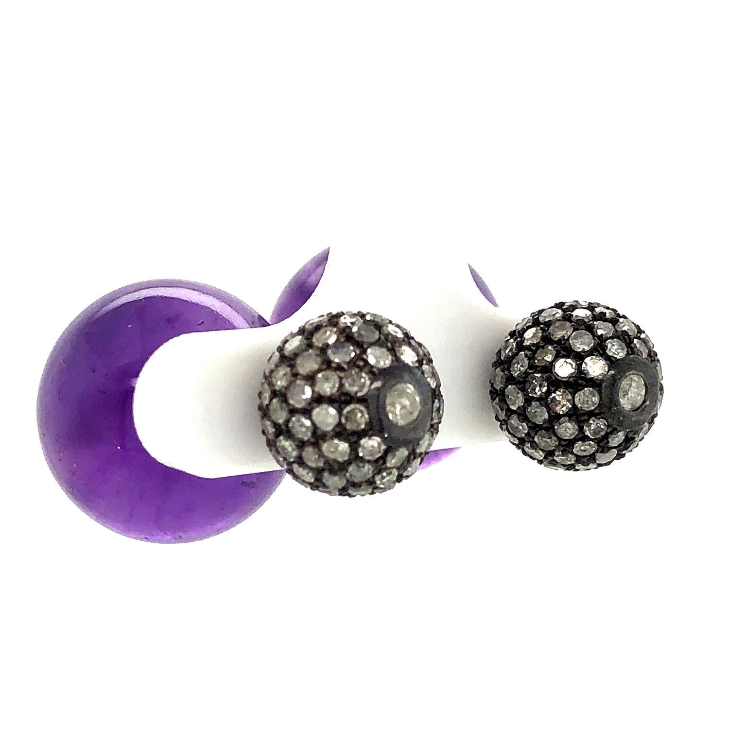 Women's Amethyst & Pave Diamond Ball Tunnel Earrings Made in 14k Gold & Silver For Sale