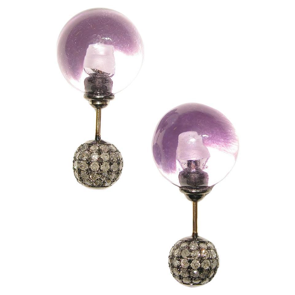 Amethyst & Pave Diamond Ball Tunnel Earrings Made in 14k Gold & Silver For Sale