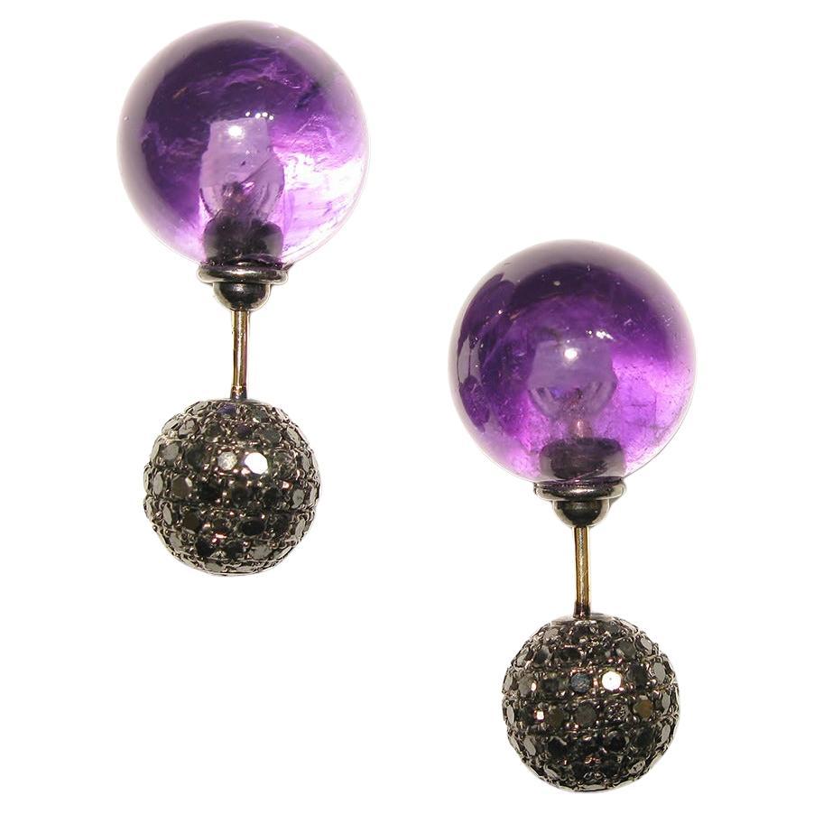 Amethyst & Pave Diamond Ball Tunnel Earrings Made in 14k Gold & Silver For Sale