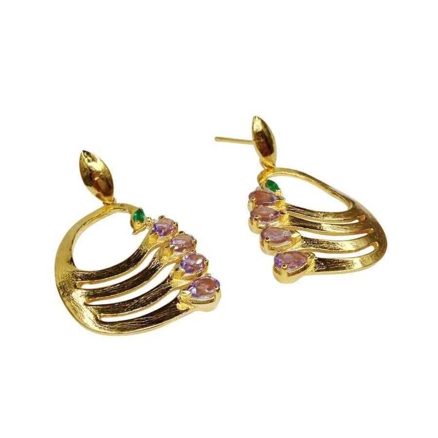 Pear Cut Twin Elegance Amethyst Peacock Silhouette Earrings For Sale