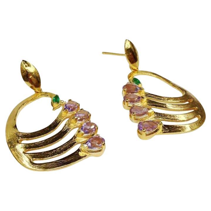  Twin Elegance Amethyst Peacock Silhouette Earrings For Sale