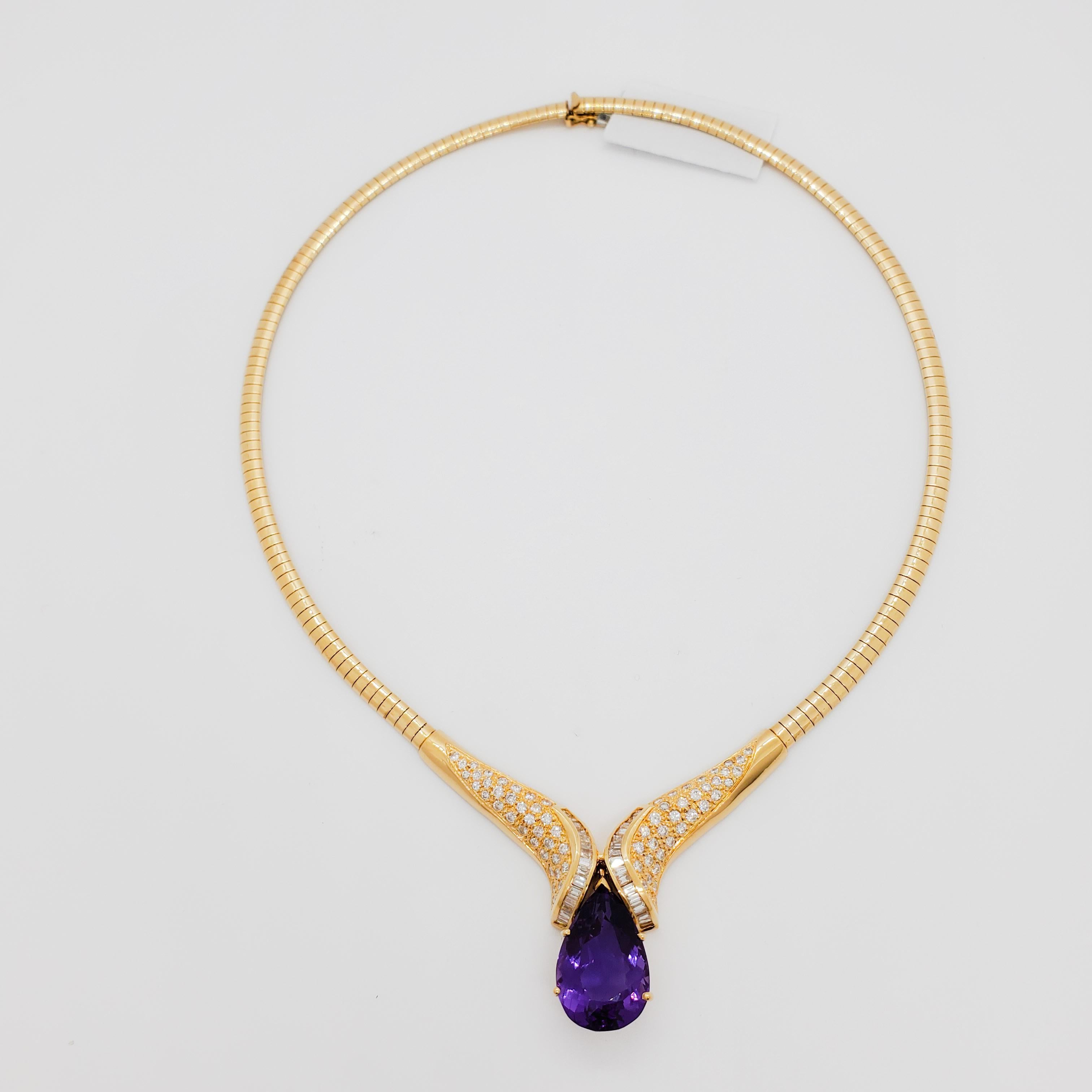 Gorgeous 15.00 ct. amethyst pear shape with 3.10 ct. good quality white diamond rounds and baguettes.  Handmade in 14k yellow gold with an Omega style chain.