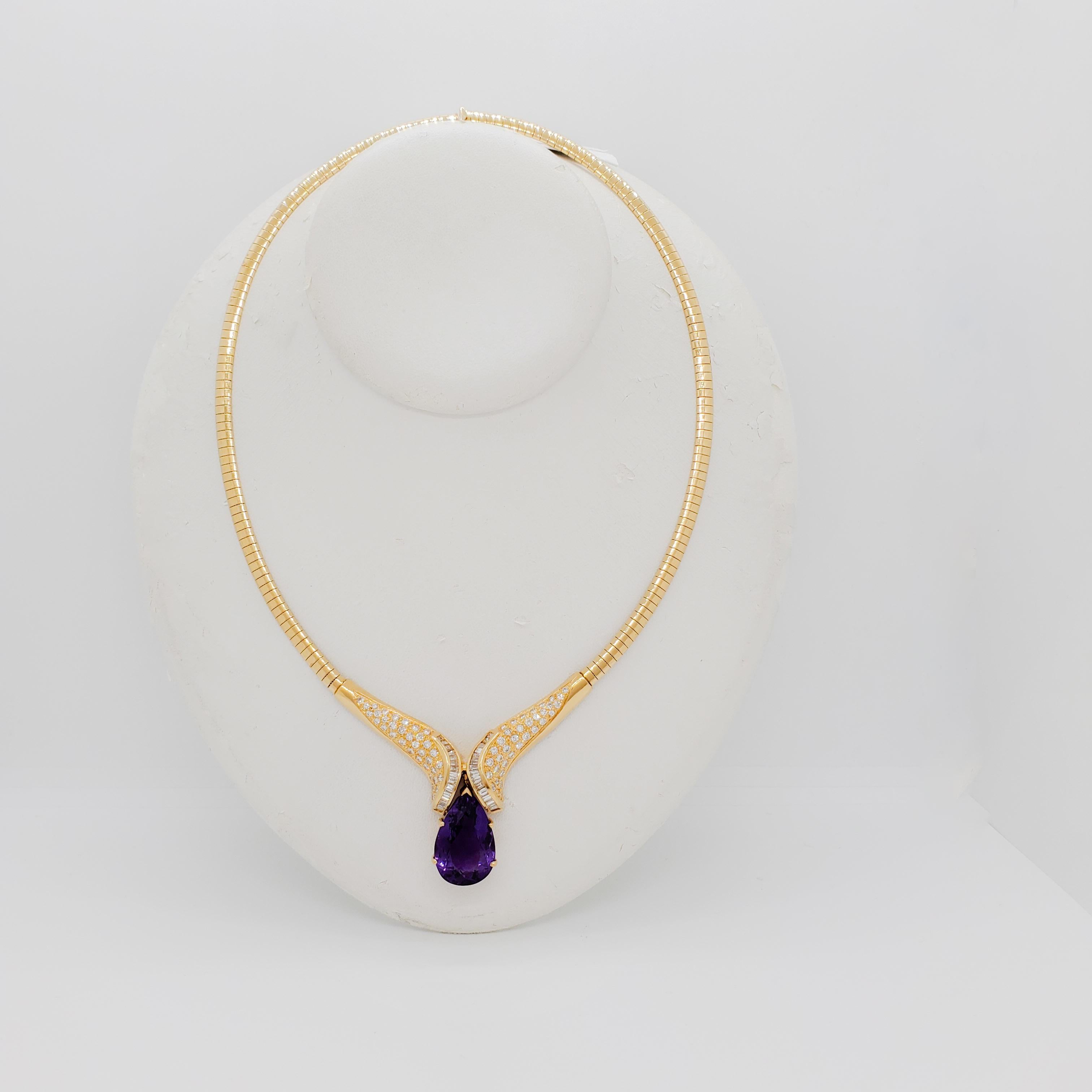 Pear Cut Amethyst Pear and White Diamond Necklace in 14k Yellow Gold For Sale