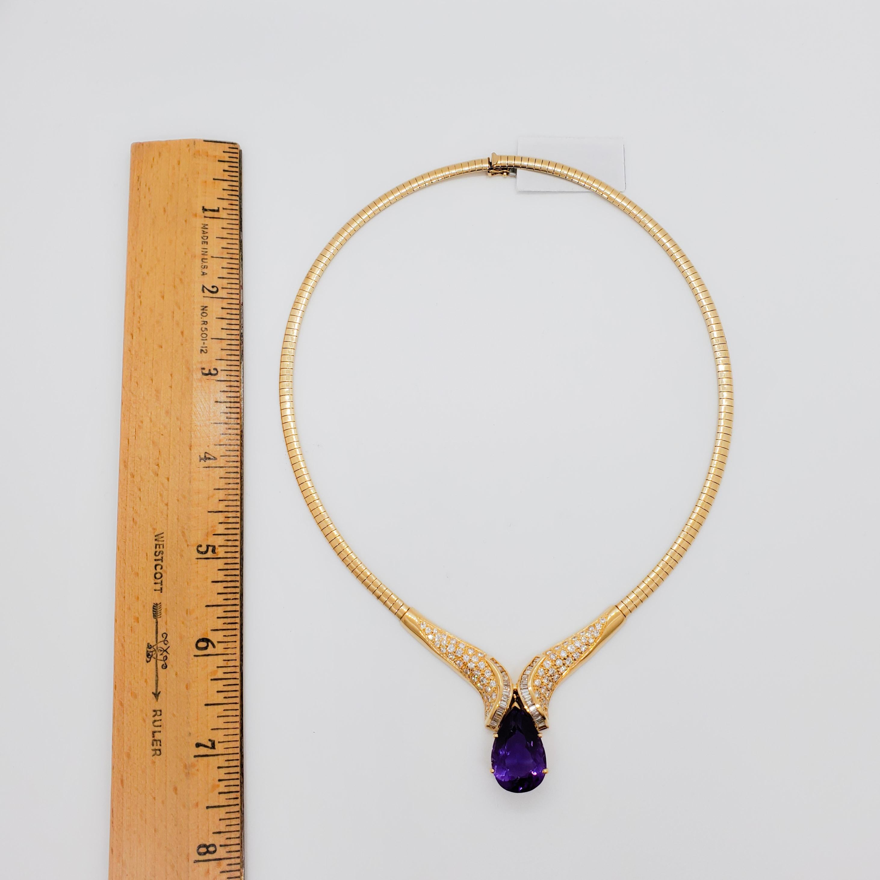 Women's or Men's Amethyst Pear and White Diamond Necklace in 14k Yellow Gold