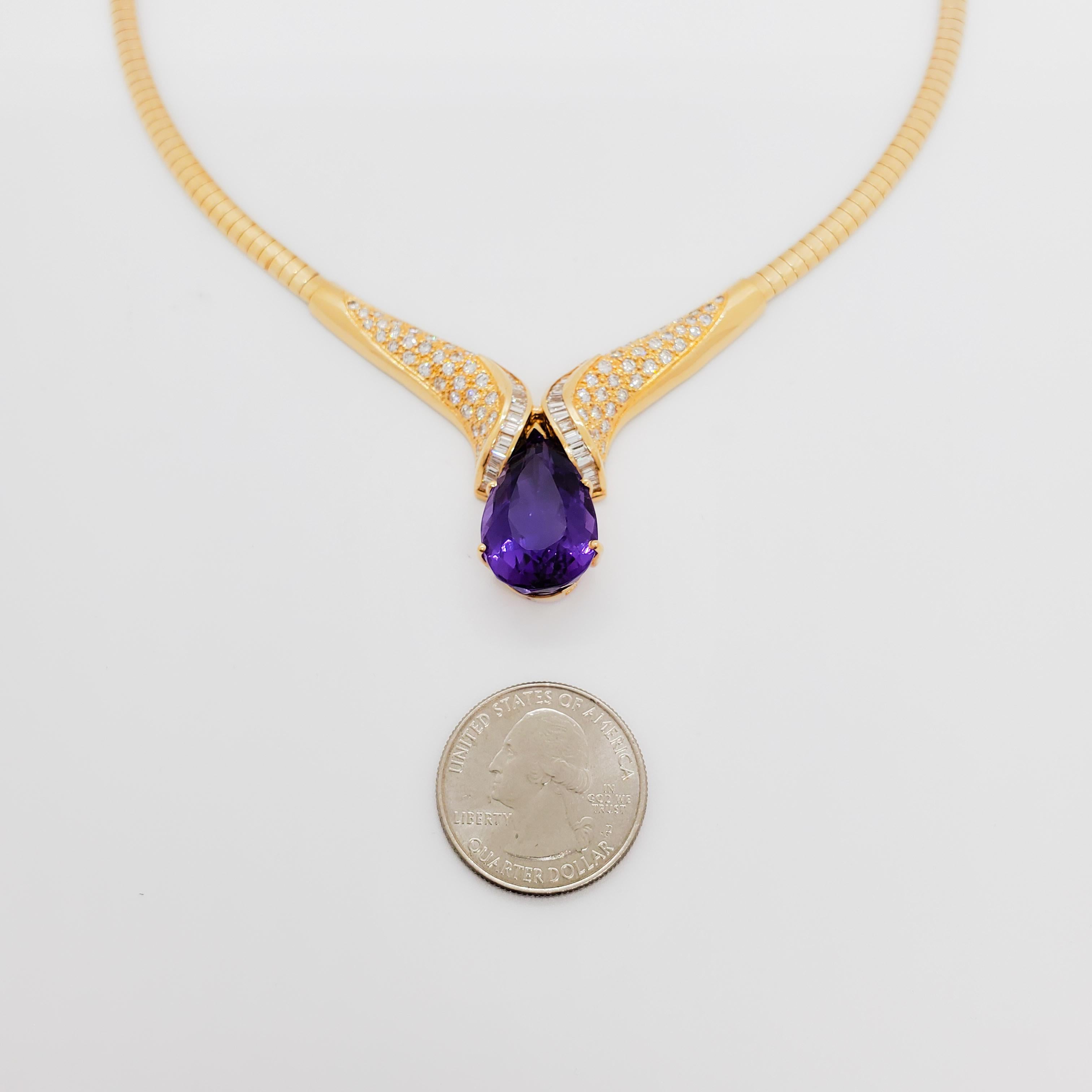 Amethyst Pear and White Diamond Necklace in 14k Yellow Gold For Sale 1