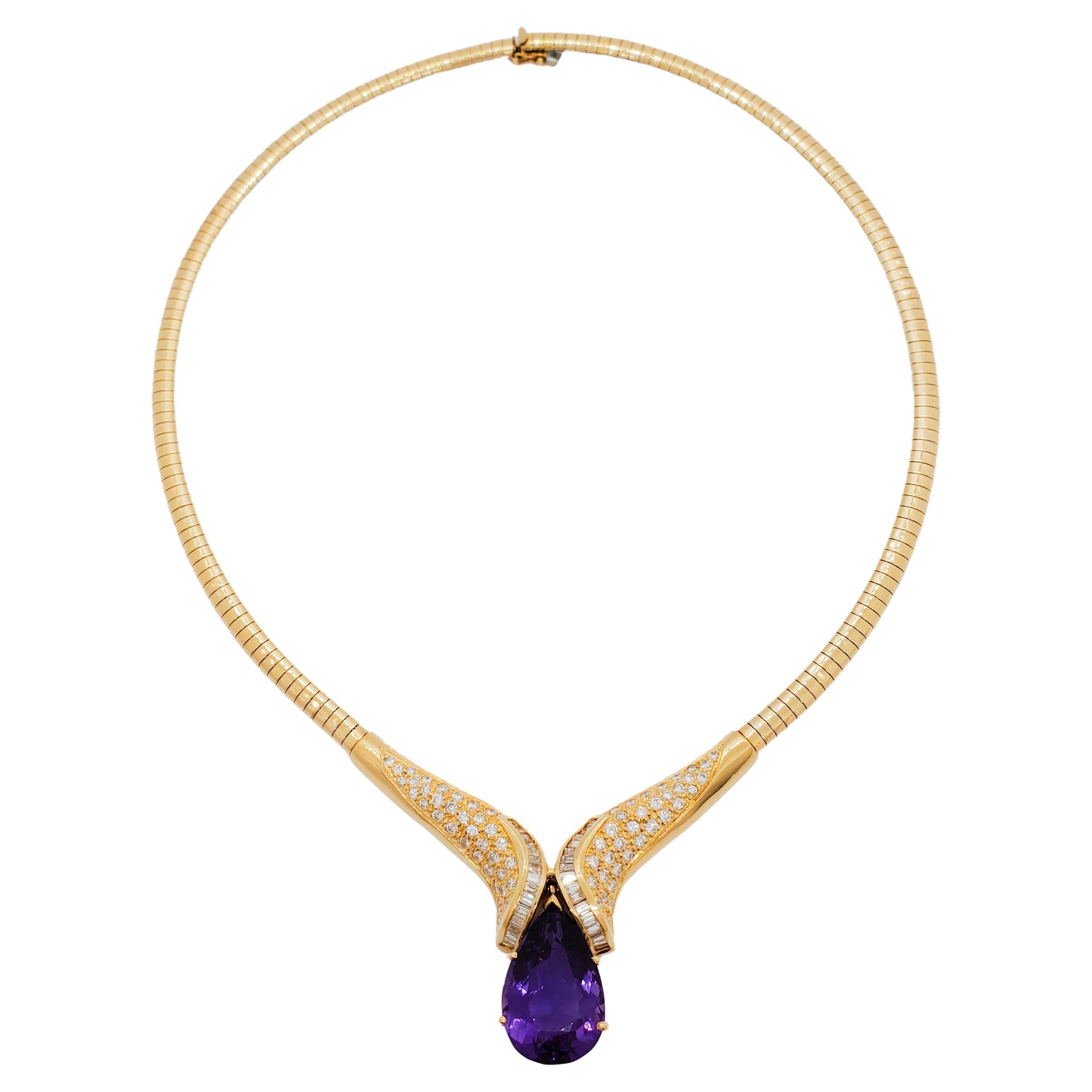 Amethyst Pear and White Diamond Necklace in 14k Yellow Gold For Sale
