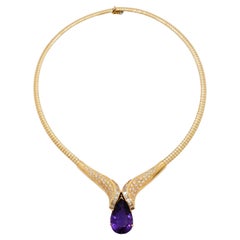 Amethyst Pear and White Diamond Necklace in 14k Yellow Gold