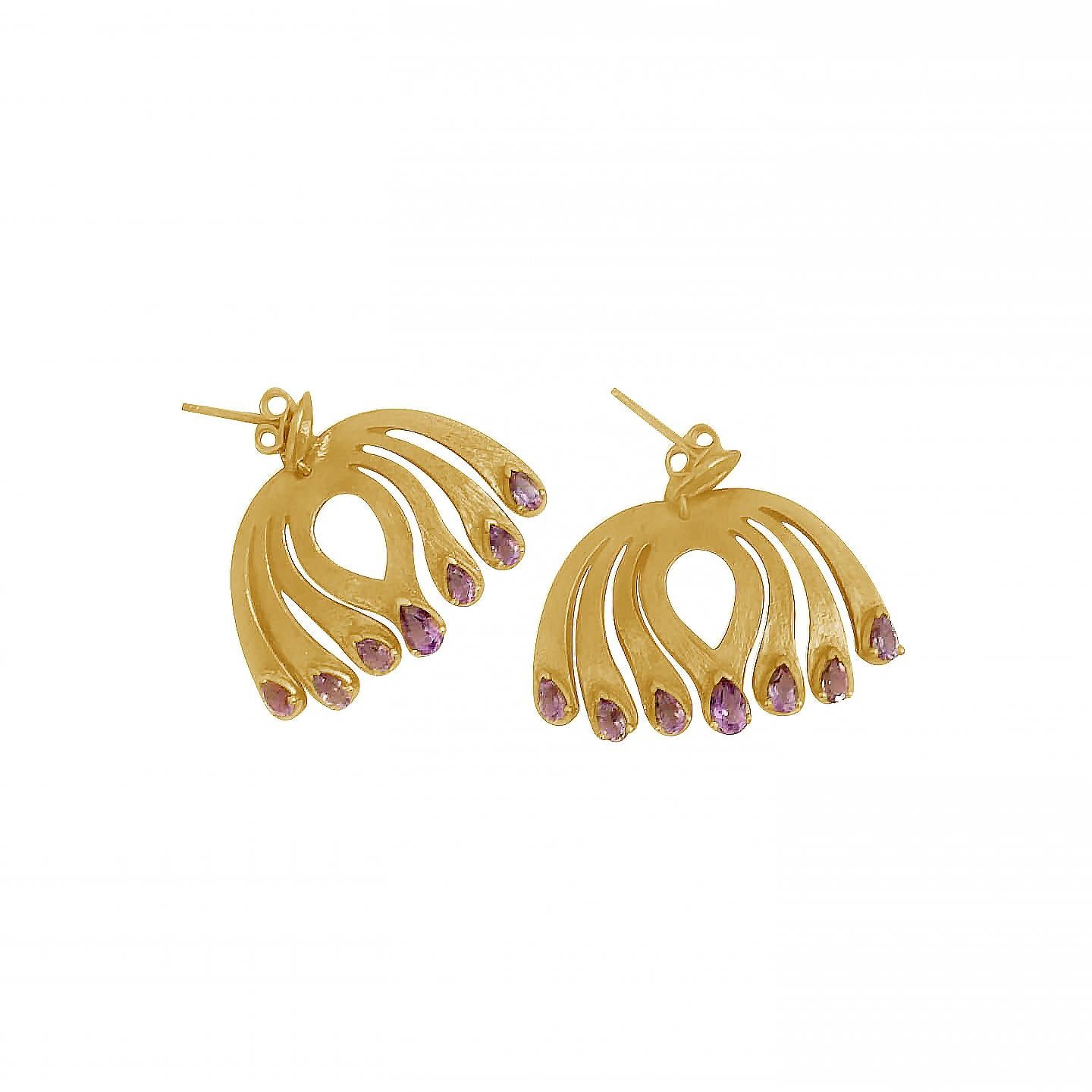 Women's Twin Elegance Amethyst Pear Center Hanging Post Earrings For Sale