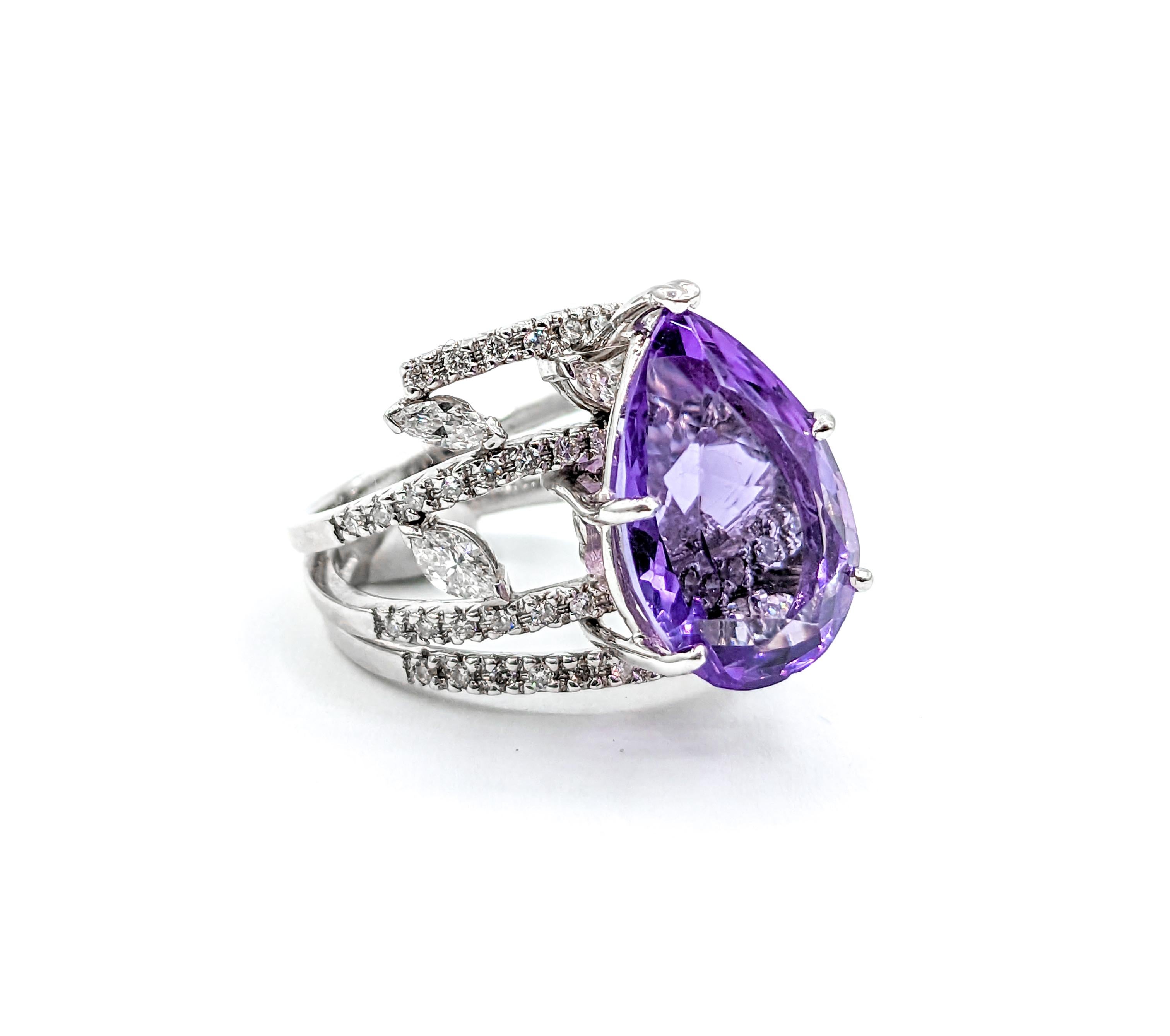 Amethyst Pear & Diamond Statement Ring in White Gold 4