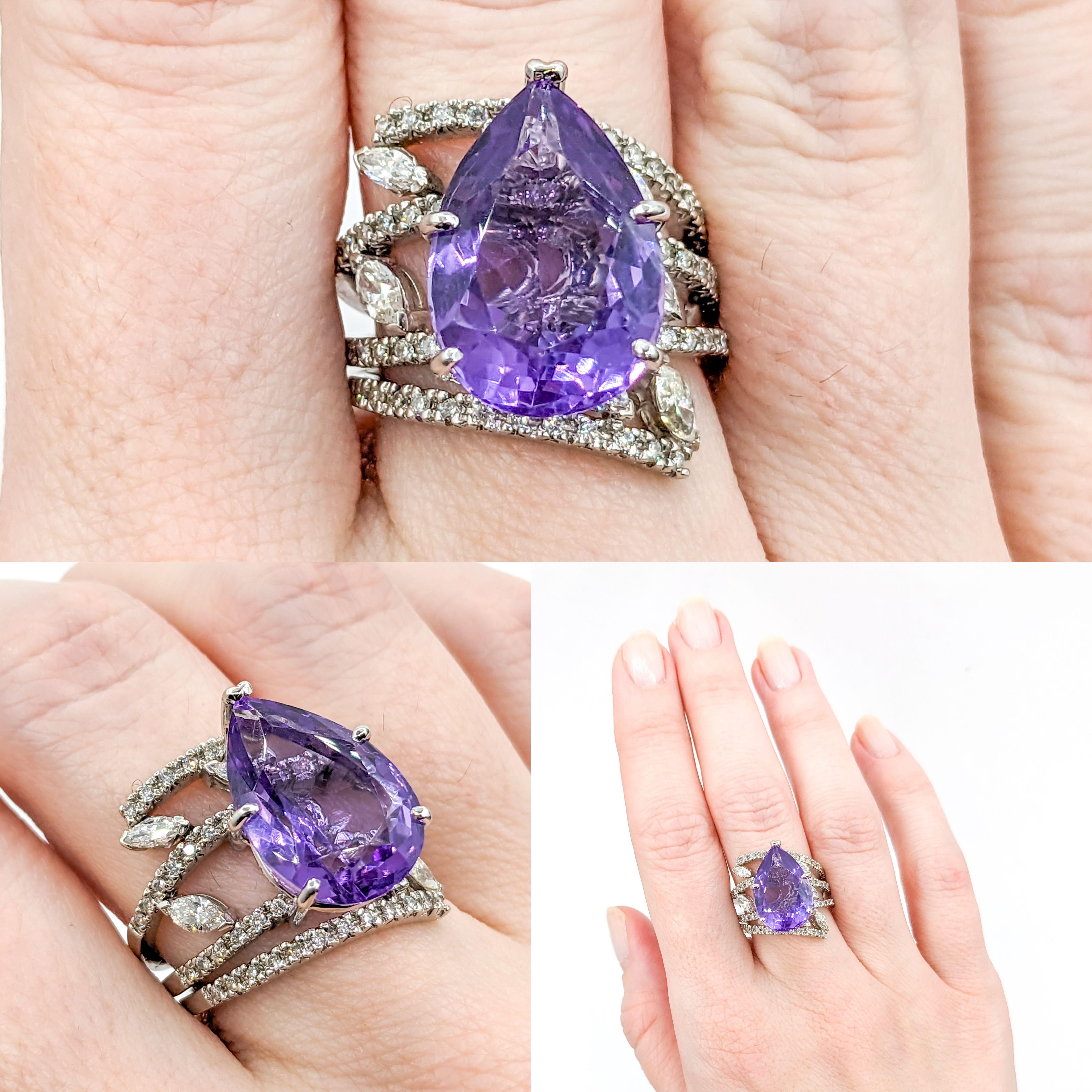 Amethyst Pear & Diamond Statement Ring in White Gold

This exquisite ring is expertly crafted in lustrous 14K white gold and features a stunning 17x11mm Pear shaped Amethyst at its center. The ring features a delicate nature inspired design. Further