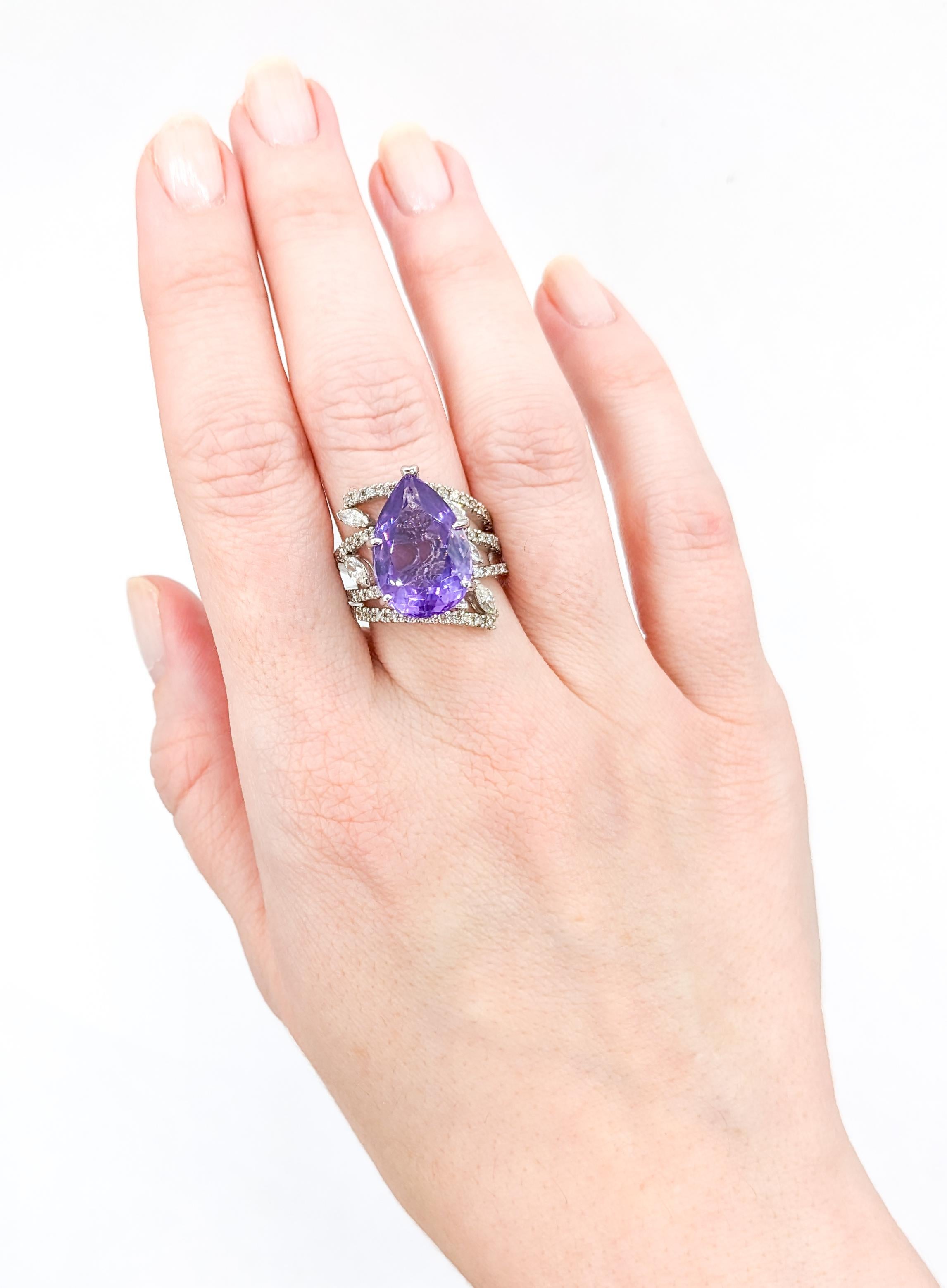 Contemporary Amethyst Pear & Diamond Statement Ring in White Gold