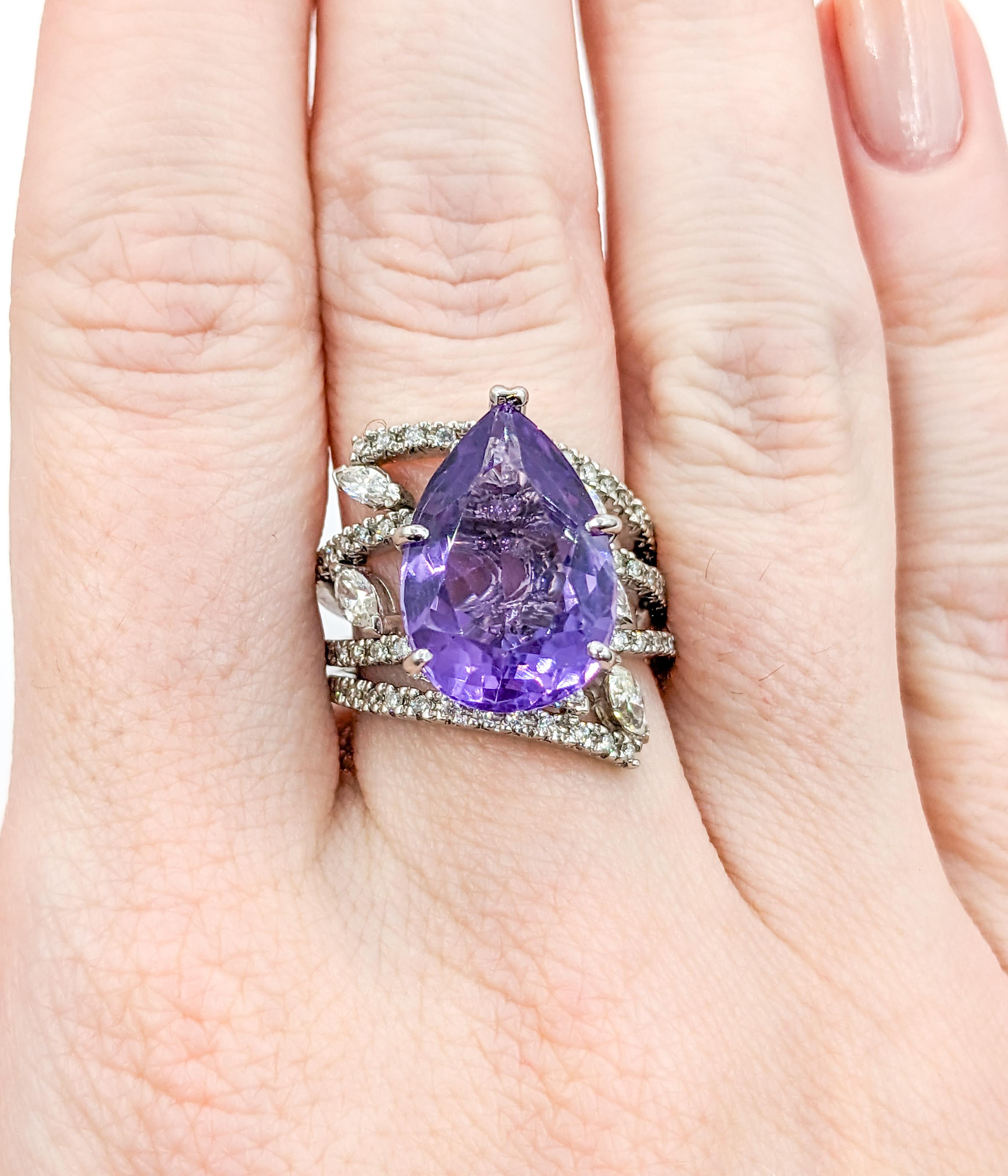 Women's Amethyst Pear & Diamond Statement Ring in White Gold