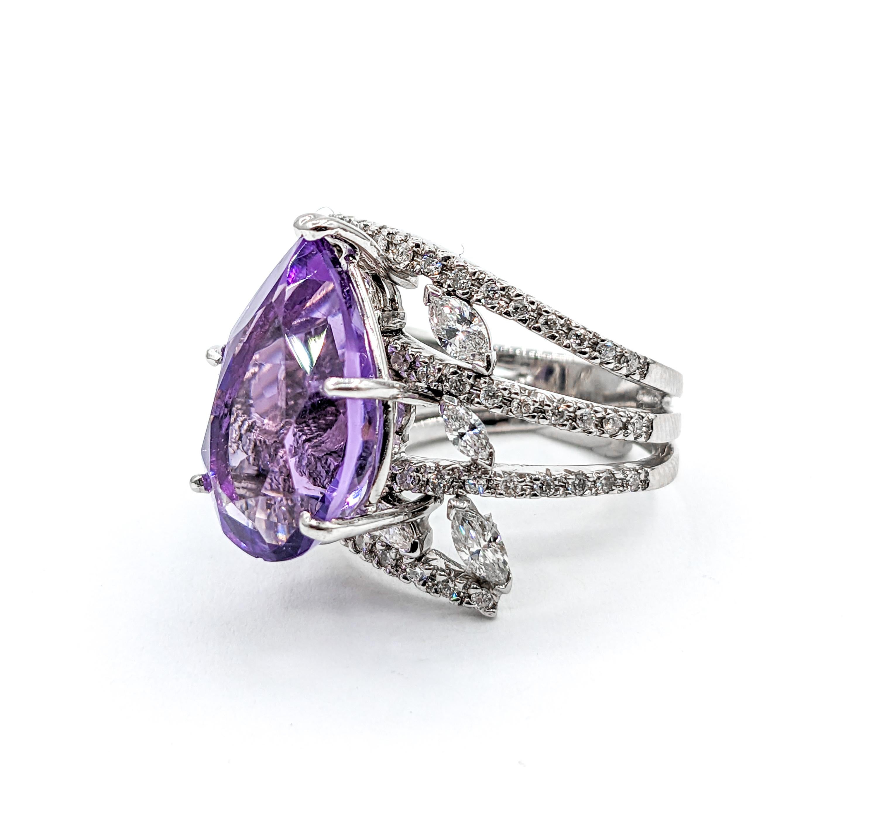 Amethyst Pear & Diamond Statement Ring in White Gold 3