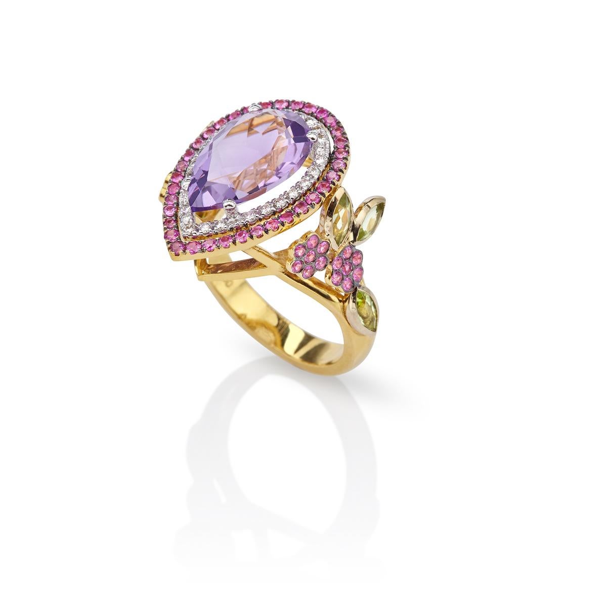 Amethyst Pear floral Colorful 18kt Gold Ring with Rubys Peridots and Diamonds
Brilliant cut Diamonds 0,17ct Peridot 1,08ct Amethyst 4,10 Rubies 0,50ct

THE GARDEN RING  NICOFILIMON 2017  Limited Edition

The Garden ring comes from the brand