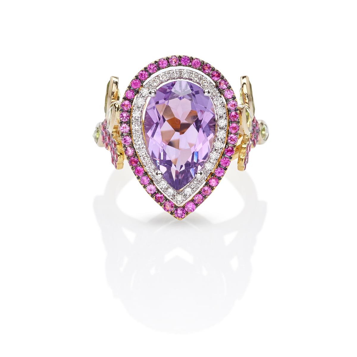 Romantic Amethyst Pear Floral Colorful 18kt Gold Ring with Rubys Peridots and Diamonds For Sale
