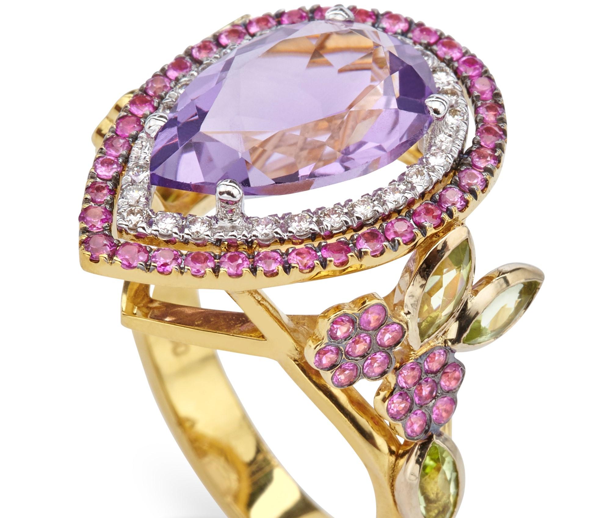 Women's Amethyst Pear Floral Colorful 18kt Gold Ring with Rubys Peridots and Diamonds For Sale