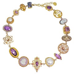 Bohemian Halskette aus 14 Karat Gold mit Amethyst, Perle und mehreren Edelsteinen