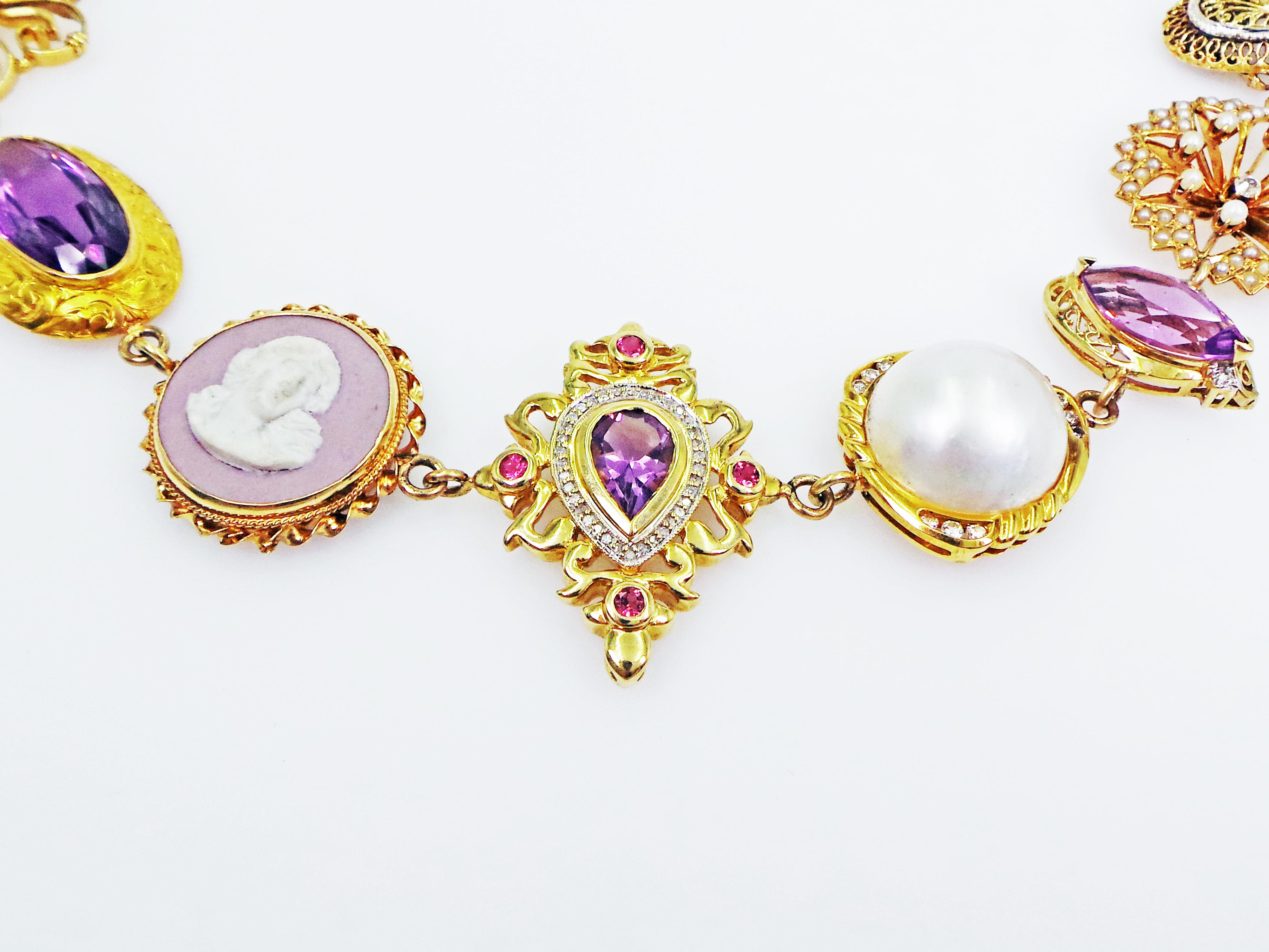 One-of-a-kind, Bohemian necklace features a variety of rich, regal purple color tone gemstones and vintage jewelry components set in 14k yellow gold. Necklace is comprised of 17 beautiful pieces including: Australian Boulder Opal, White Diamond,