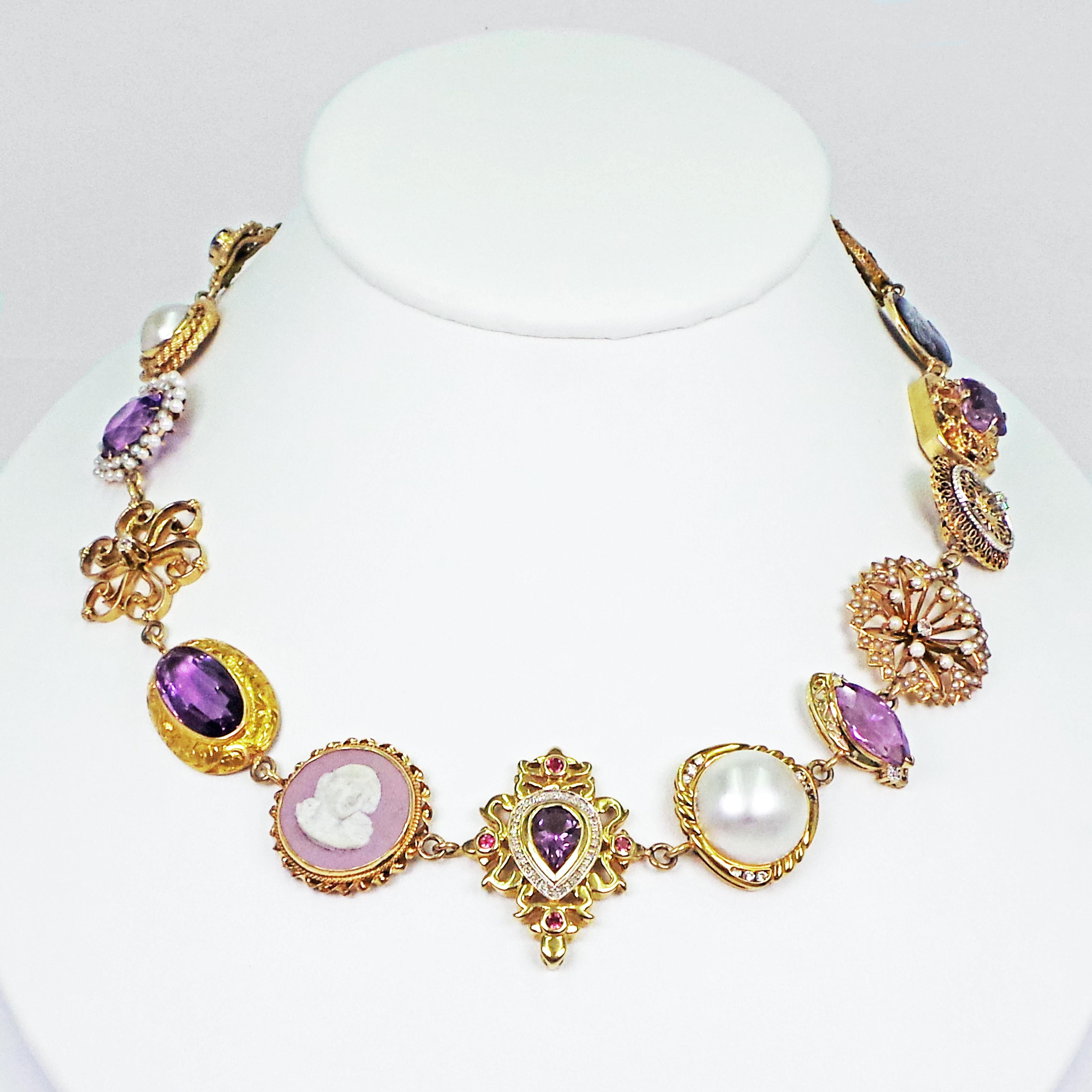 Women's Amethyst, Pearl and Multi-Gemstone 14 Karat Gold Bohemian Necklace