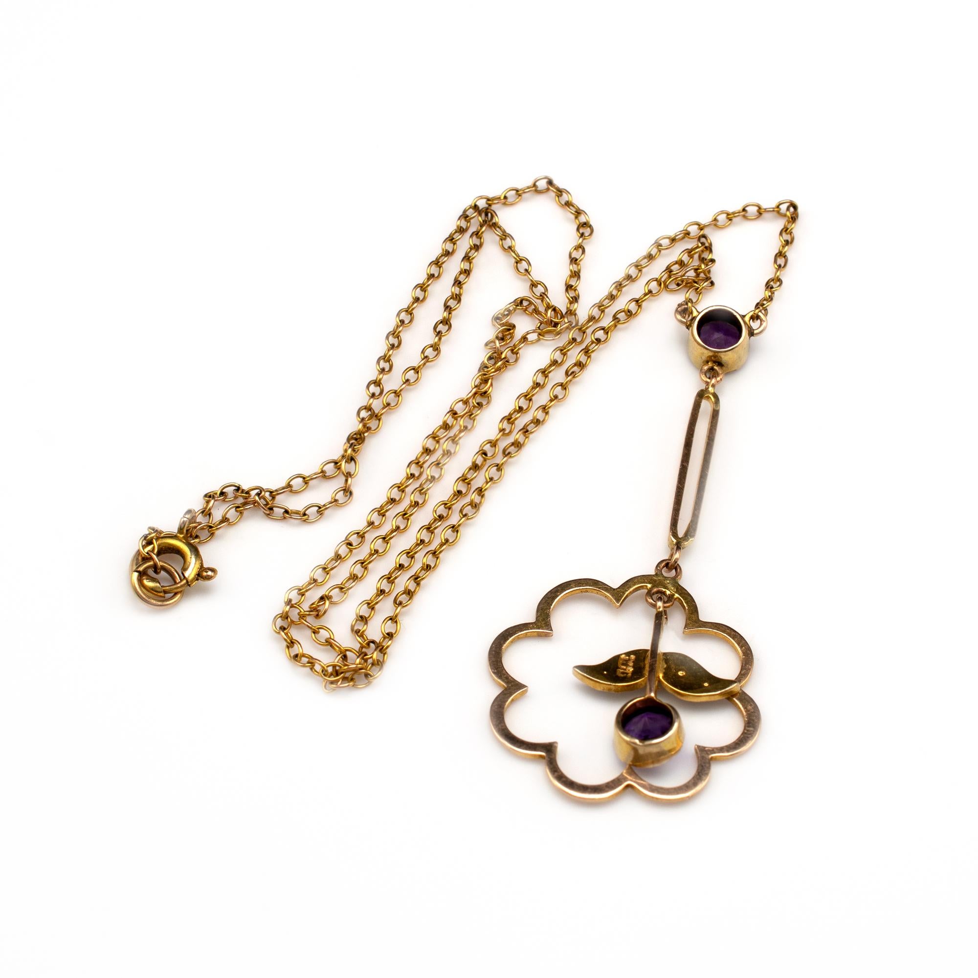 Edwardian Amethyst & Pearl Drop Pendant Necklace with Split Gold Chain For Sale