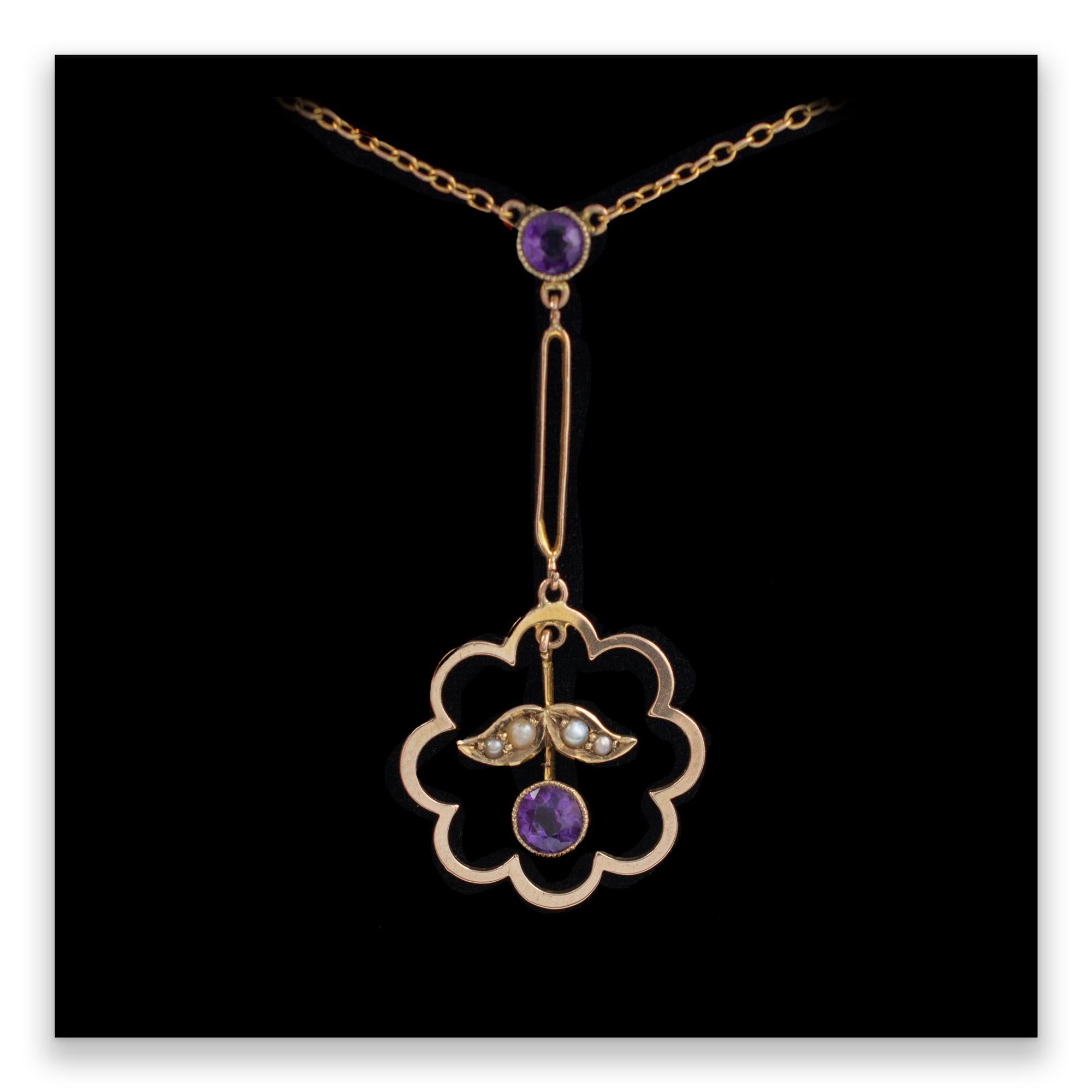 Men's Amethyst & Pearl Drop Pendant Necklace with Split Gold Chain For Sale