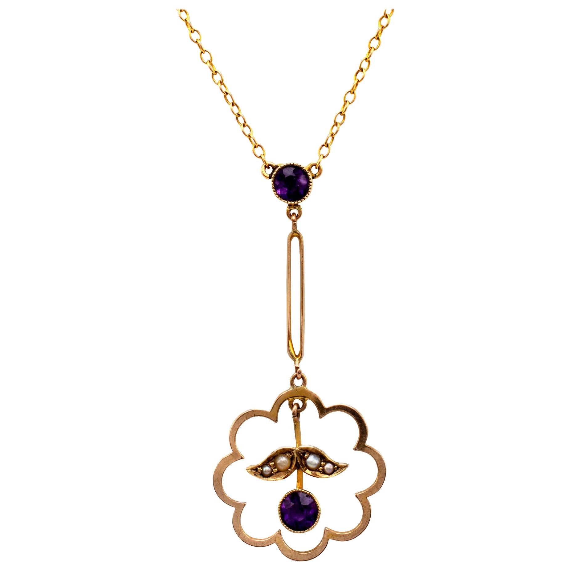 Amethyst & Pearl Drop Pendant Necklace with Split Gold Chain For Sale