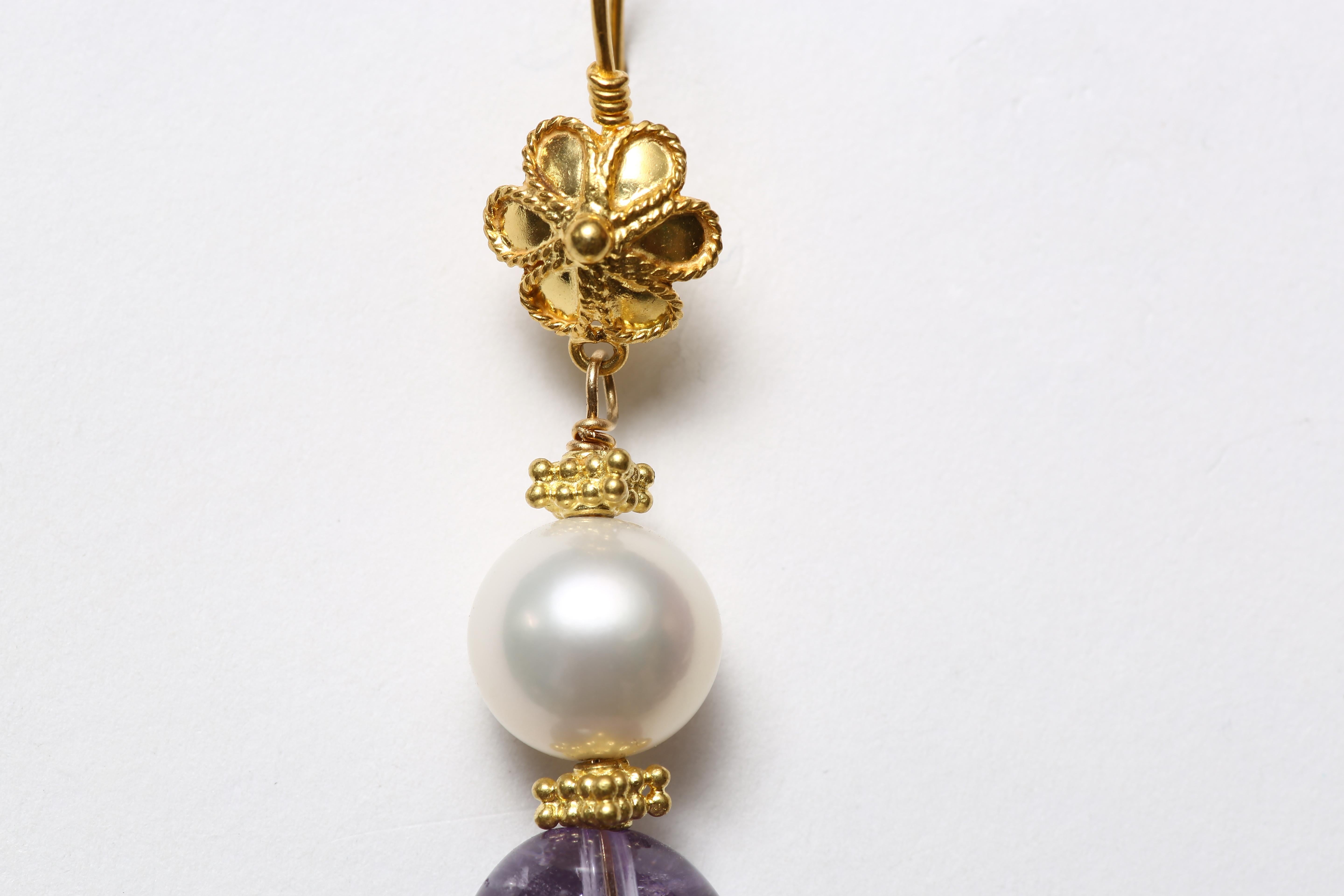 Contemporary Amethyst Pearl Gold Dangle Earrings