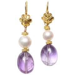 Amethyst Pearl Gold Dangle Earrings