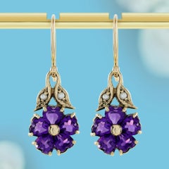 Amethyst Pearl Vintage Style Flower Bloom Drop Earrings in 9K Yellow Gold