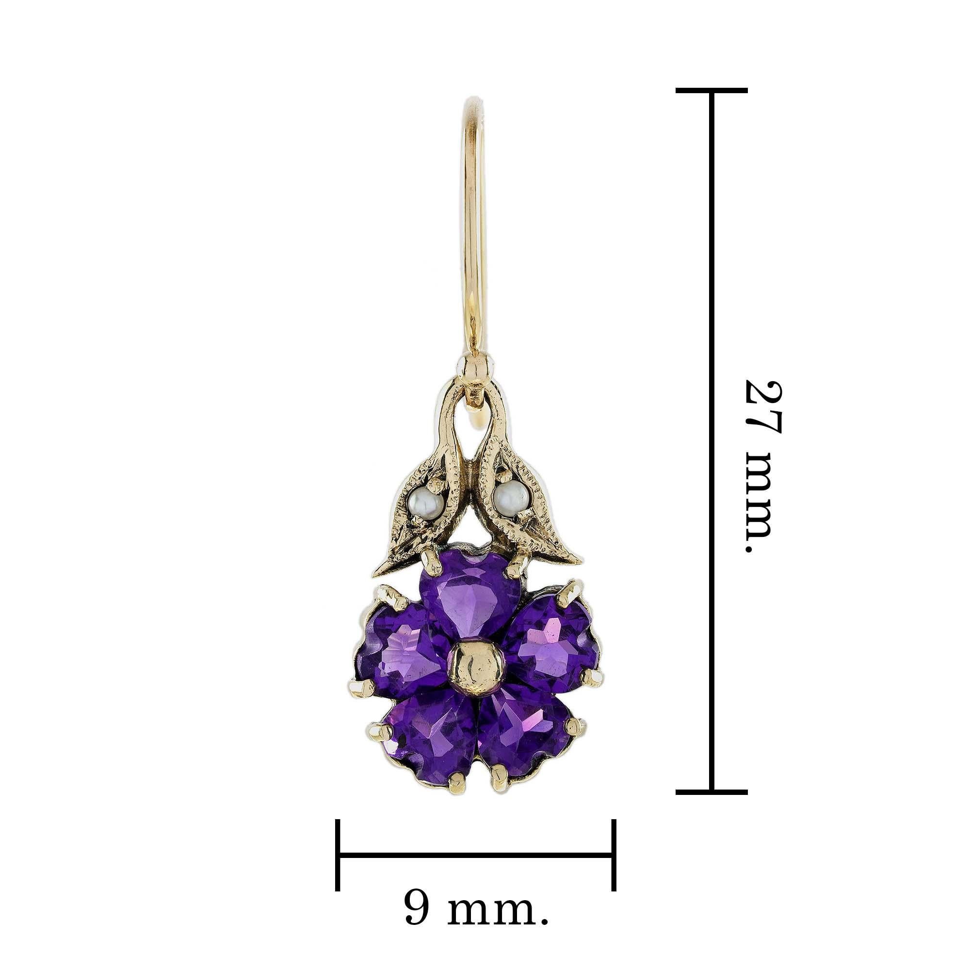 Boucles d'oreilles pendantes style fleur en or jaune 9 carats avec perles d'améthyste Neuf - En vente à Bangkok, TH