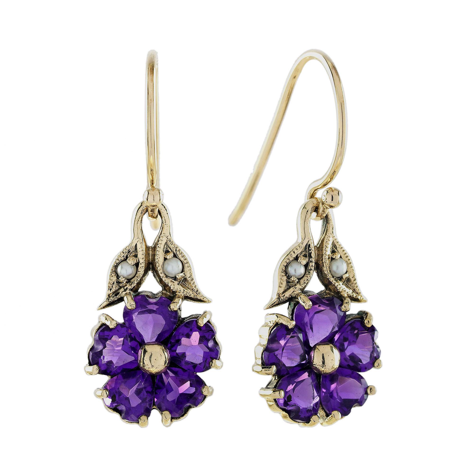 Boucles d'oreilles pendantes style fleur en or jaune 9 carats avec perles d'améthyste en vente