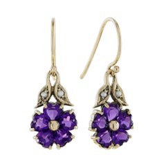 Amethyst Pearl Vintage Style Flower Bloom Drop Earrings in 9K Yellow Gold