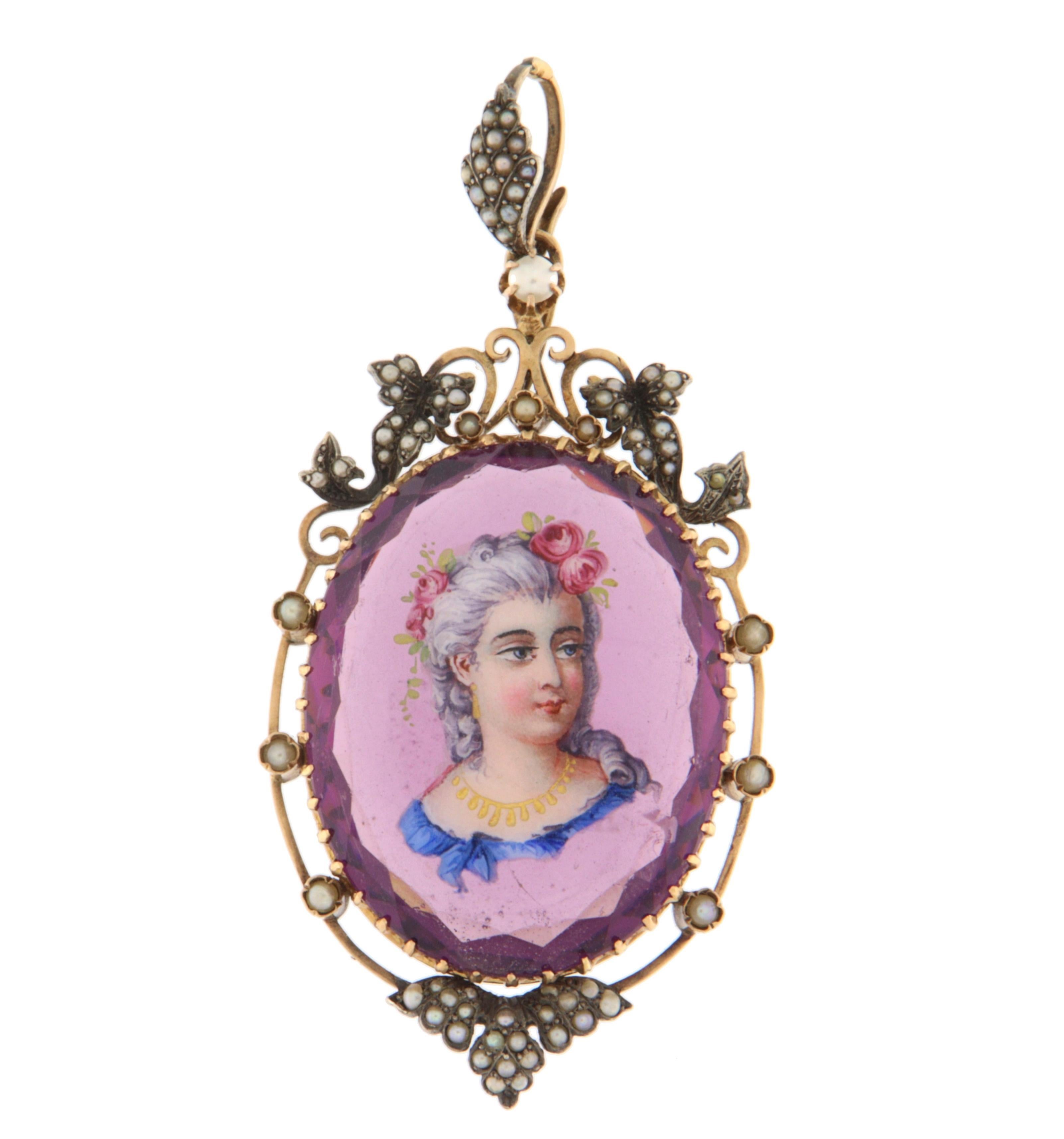 Amethyst Perlen 18 Karat Gelbgold Anhänger Halskette Damen im Angebot