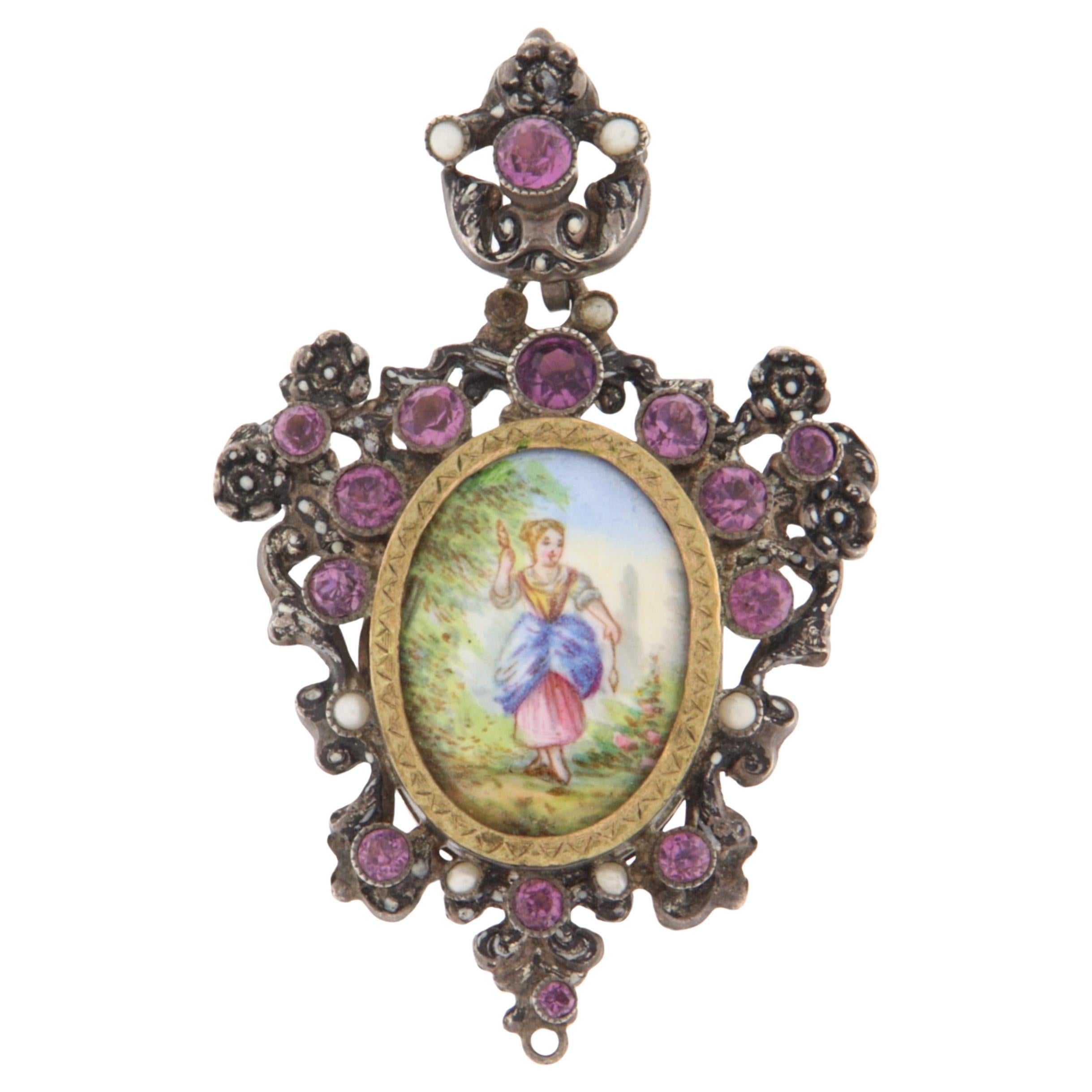 Collana con ciondolo in oro giallo 9 carati e perle di ametista in vendita