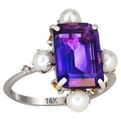 Amethyst, Pearls, Diamonds and Sapphires 14k Gold Ring, Vintage Style Ring