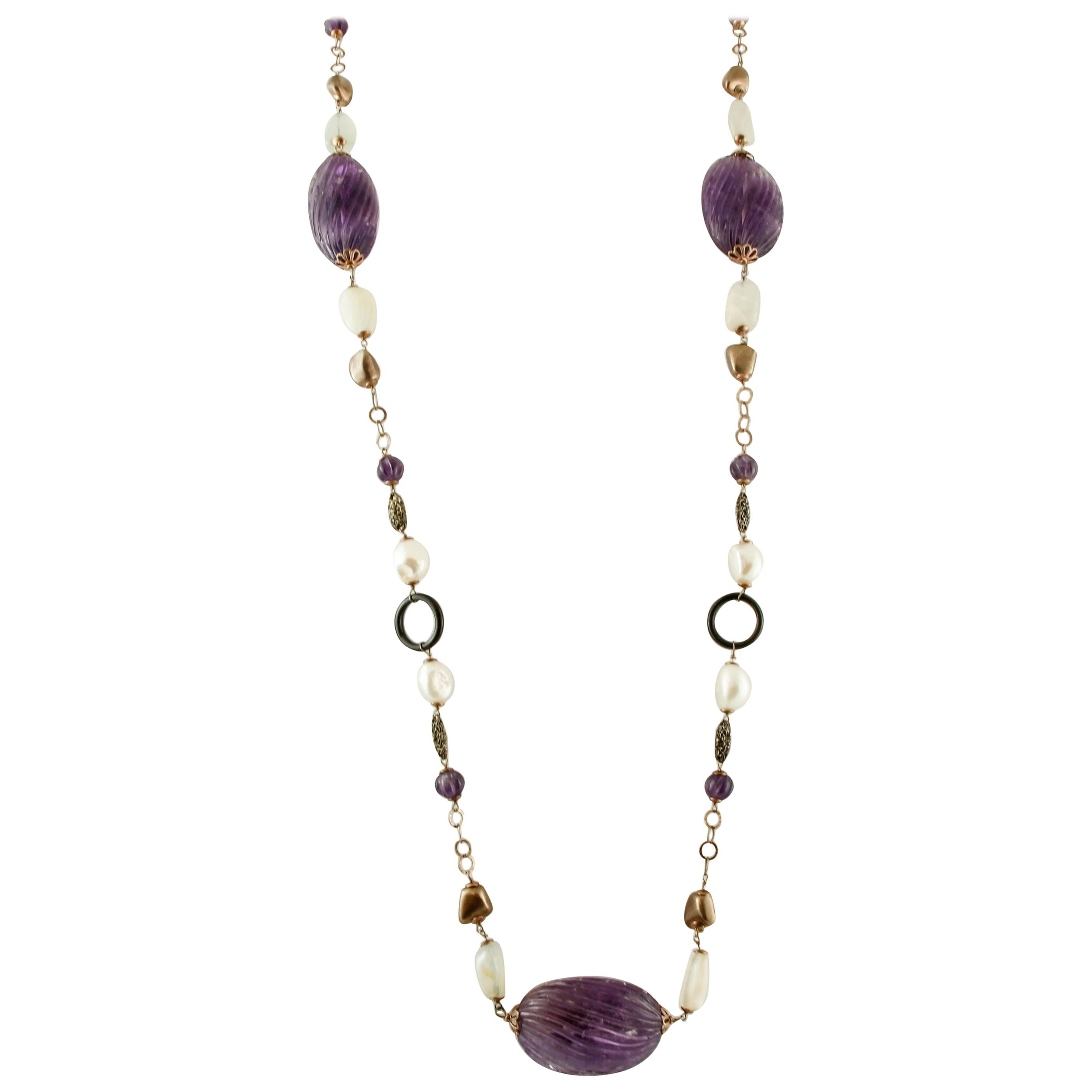 Amethyst, Pearls, Onyx, Hard Stones, 9 Karat Rose Gold and Silver Long Necklace For Sale