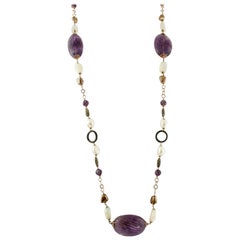 Amethyst, Pearls, Onyx, Hard Stones, 9 Karat Rose Gold and Silver Long Necklace