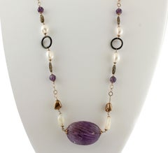 Amethyst, Pearls, Onyx, Hard Stones, 9 Karat Rose Gold and Silver Long Necklace