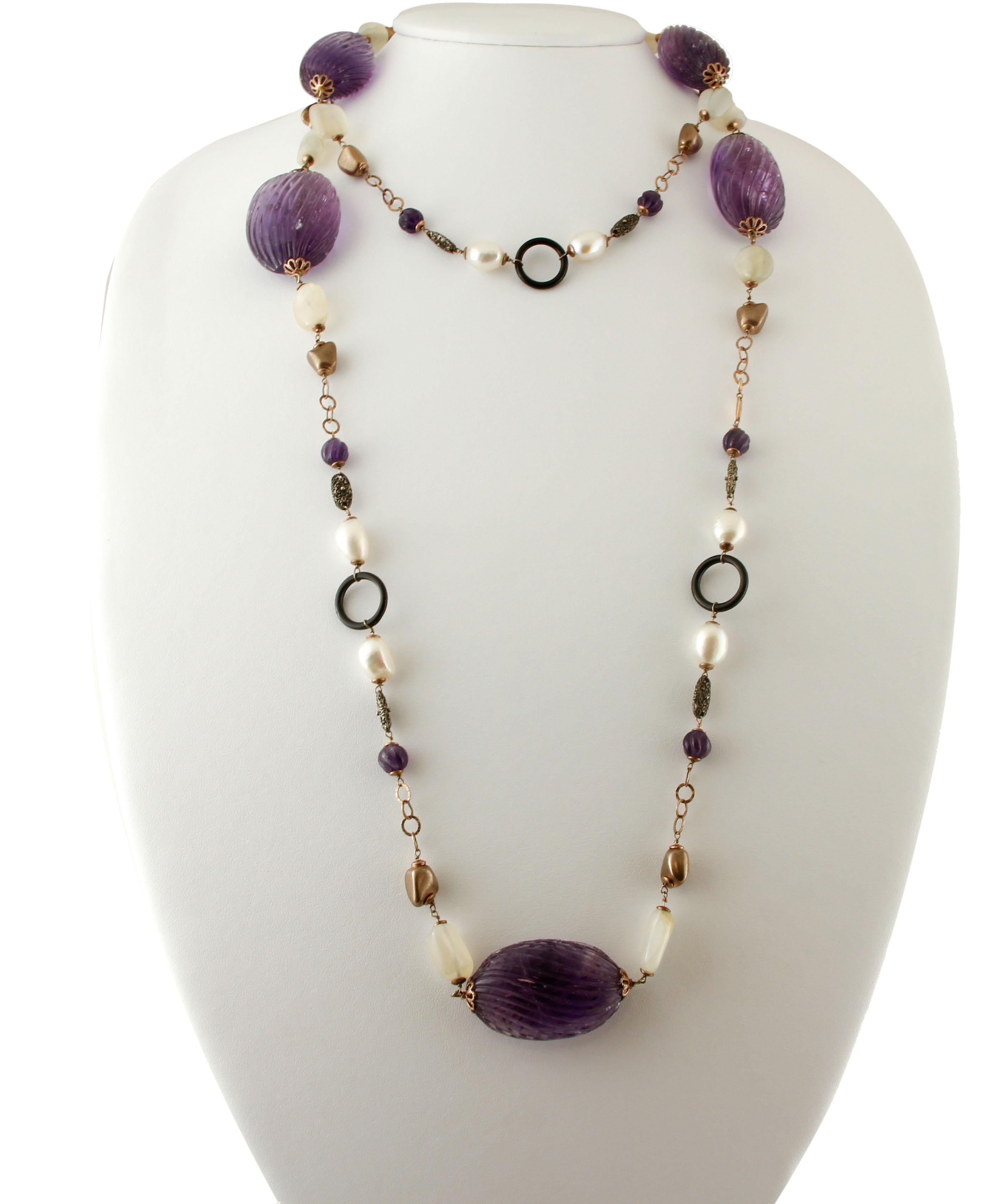 Retro Amethyst, Pearls, Onyx, Hard Stones, 9 Karat Rose Gold and Silver Long Necklace For Sale