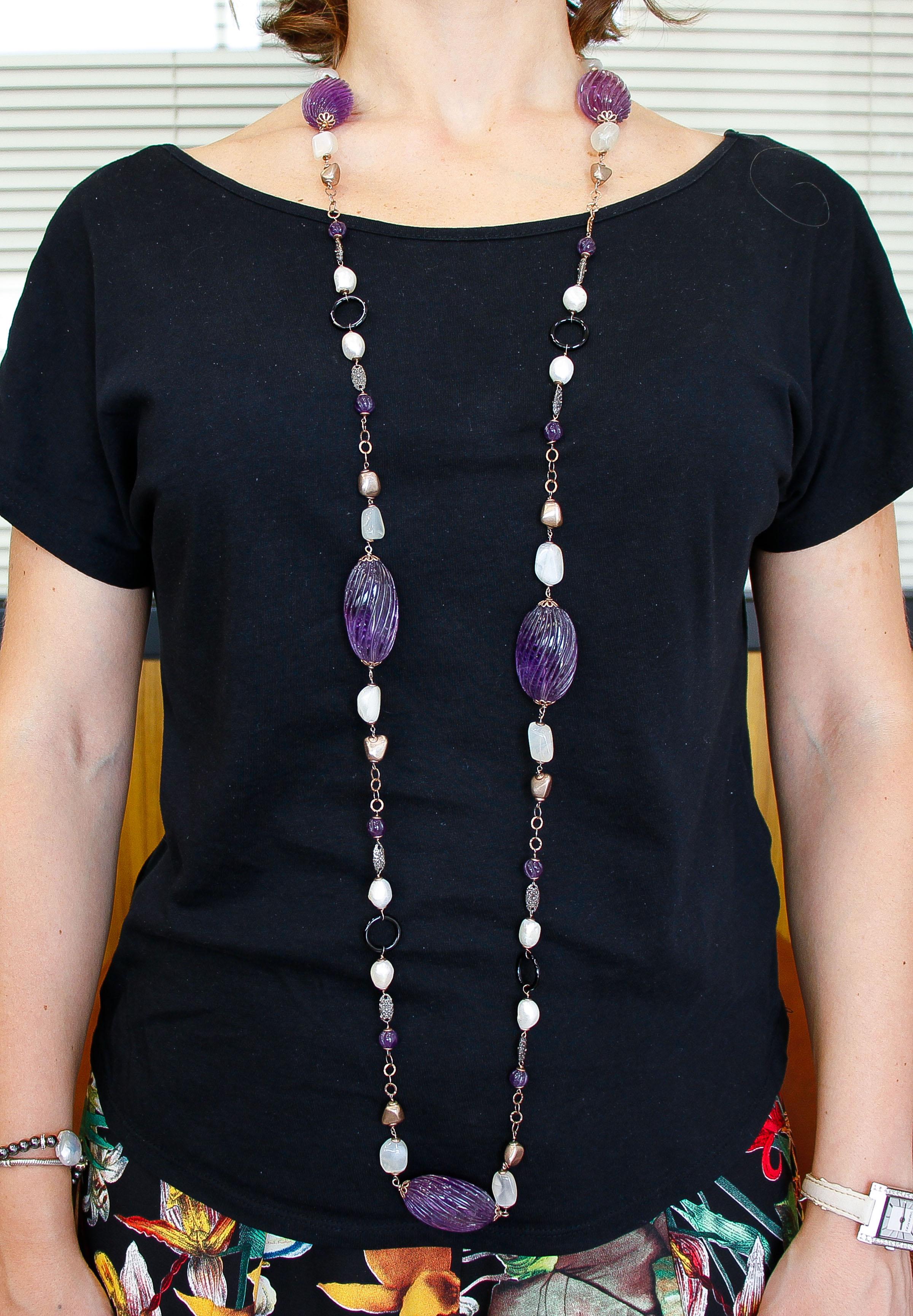 Round Cut Amethyst, Pearls, Onyx, Hard Stones, 9 Karat Rose Gold and Silver Long Necklace For Sale