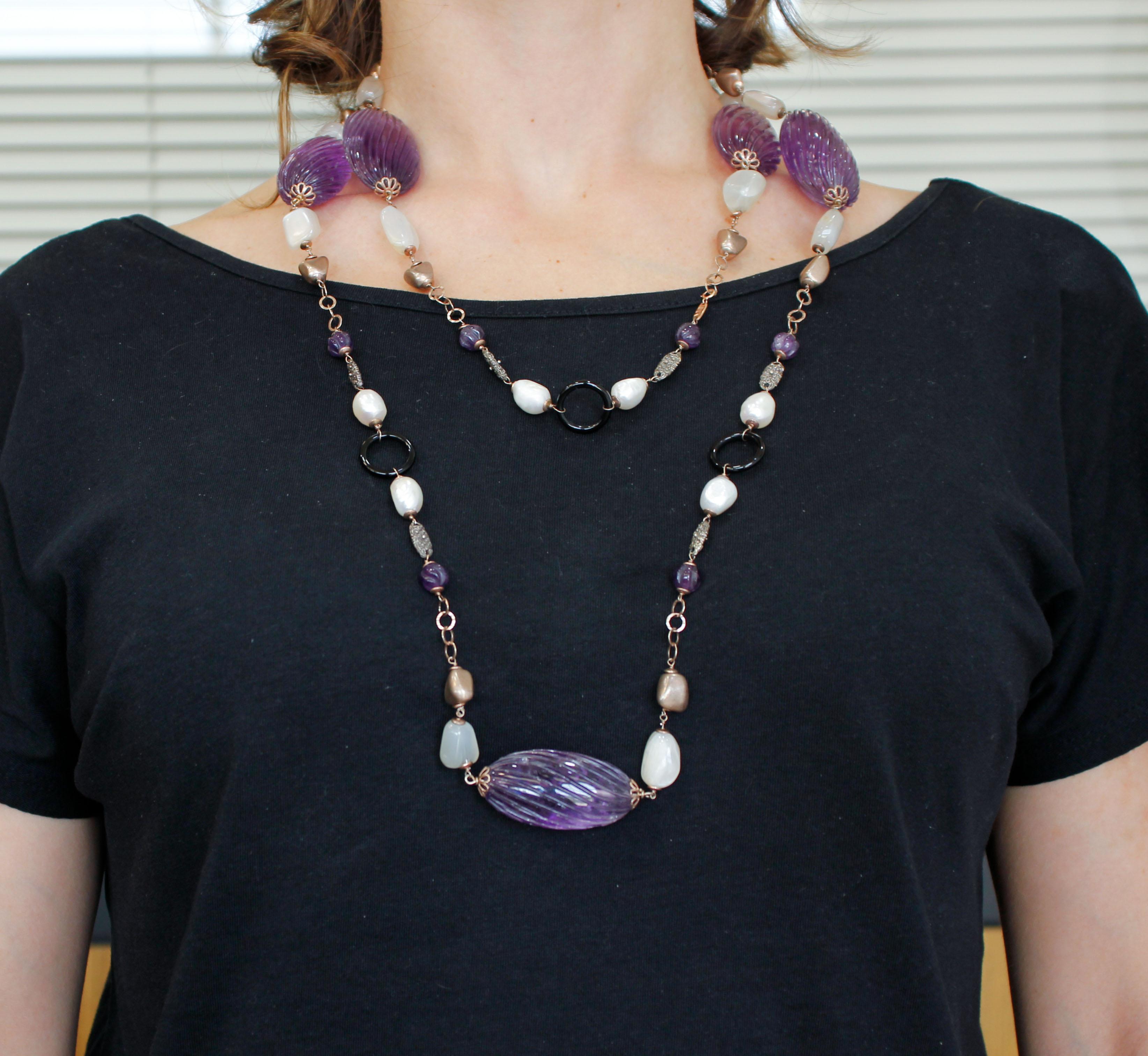 Women's Amethyst, Pearls, Onyx, Hard Stones, 9 Karat Rose Gold and Silver Long Necklace For Sale