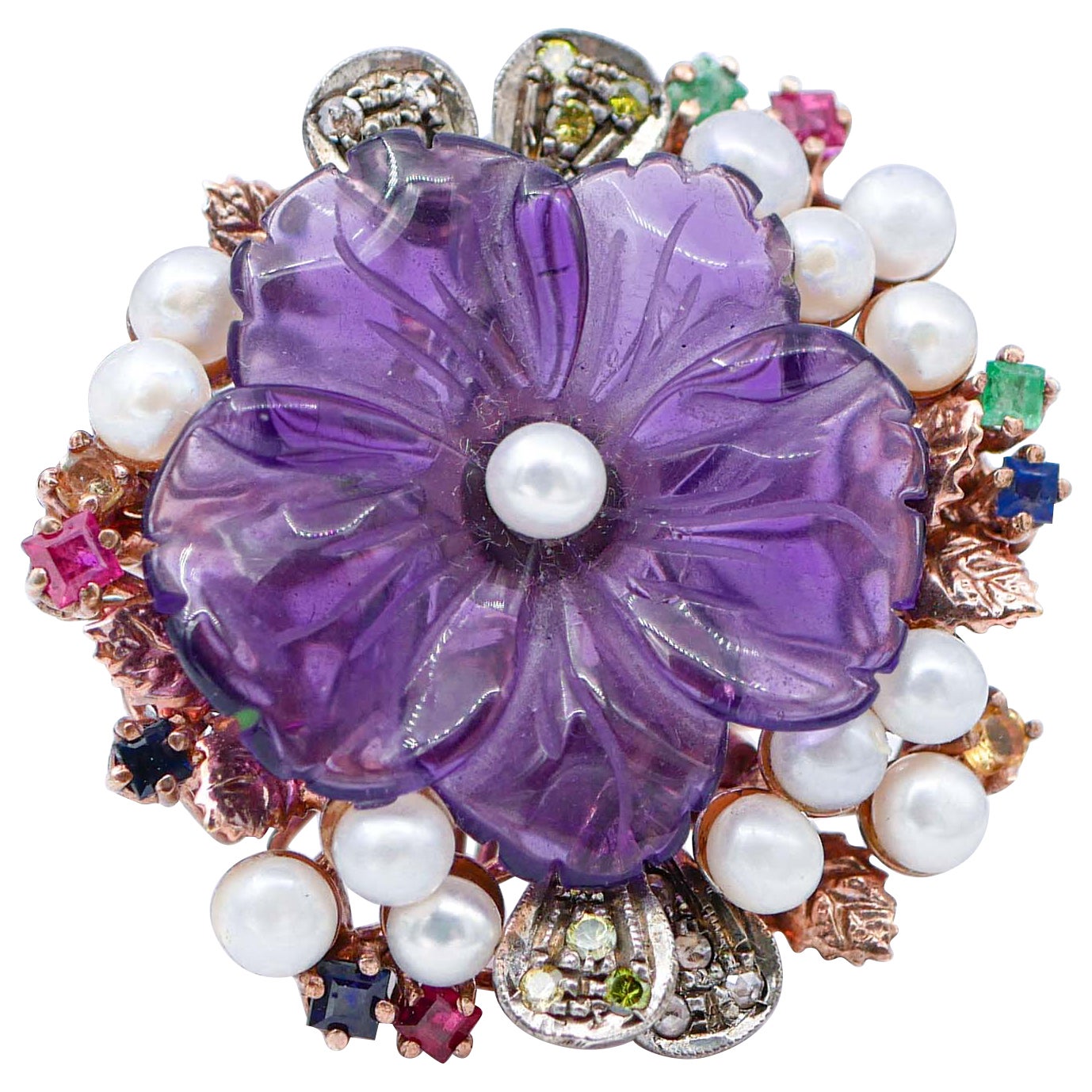 Ring aus Gold und Silber mit Amethyst, Perlen, Rubinen, Saphiren, Smaragden, Diamanten