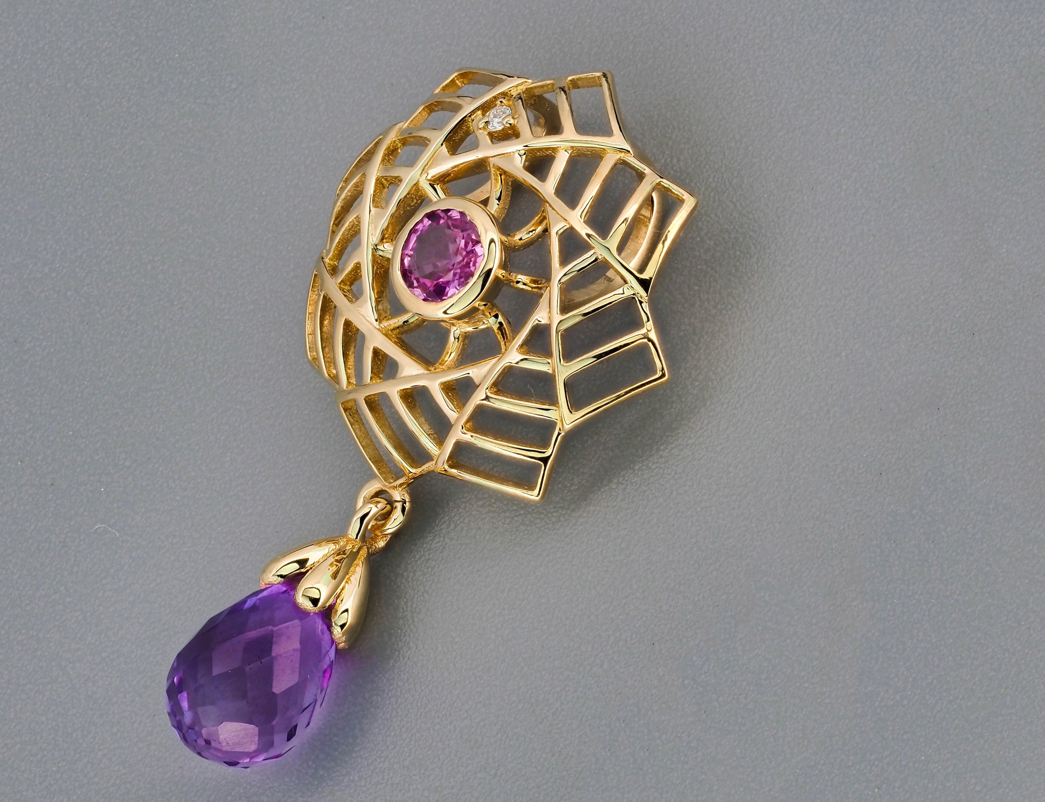 Modern Amethyst Pendant in 14k Gold, Pink Sapphire Pendant in 14k Gold For Sale