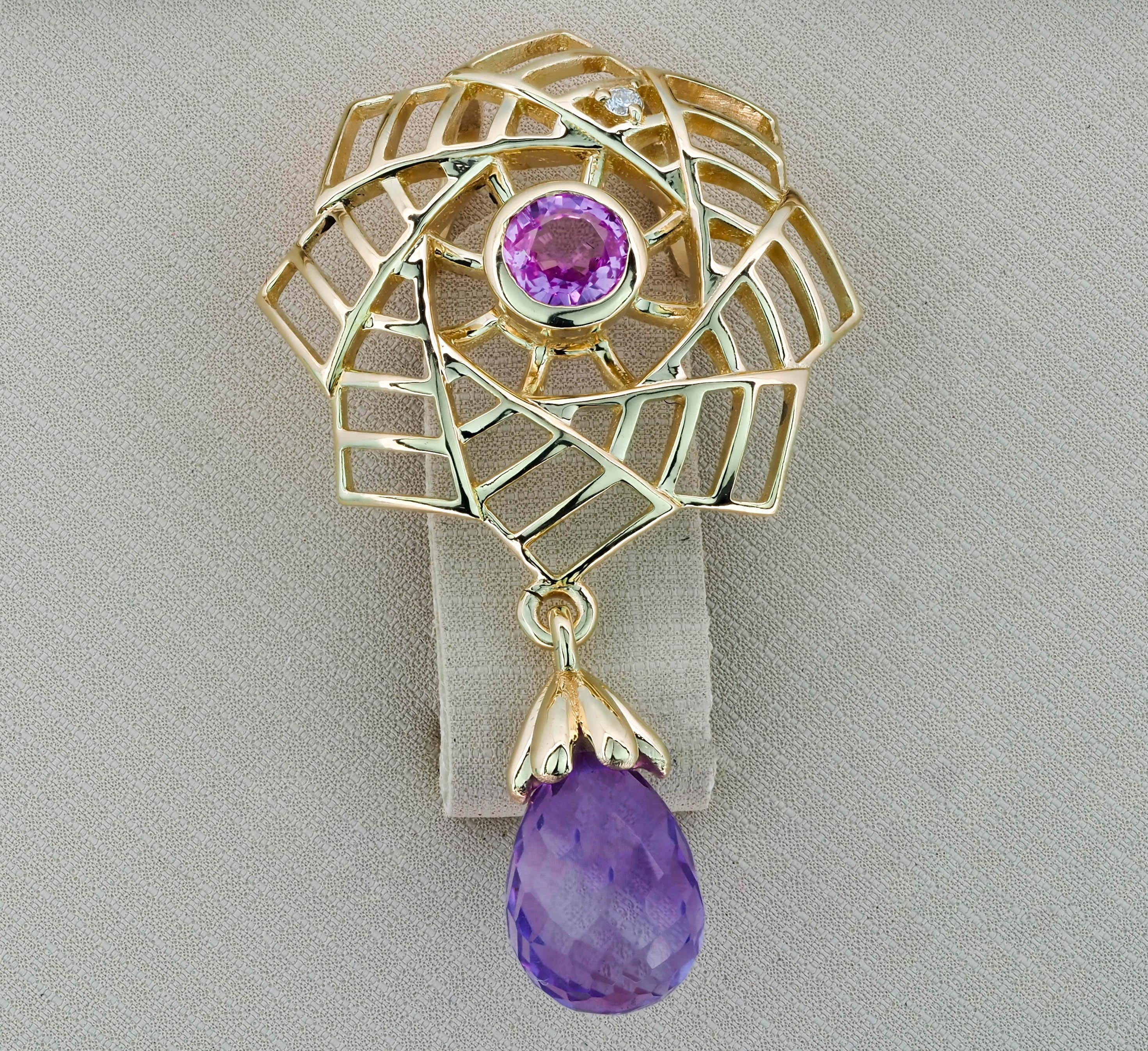 Briolette Cut Amethyst Pendant in 14k Gold, Pink Sapphire Pendant in 14k Gold For Sale