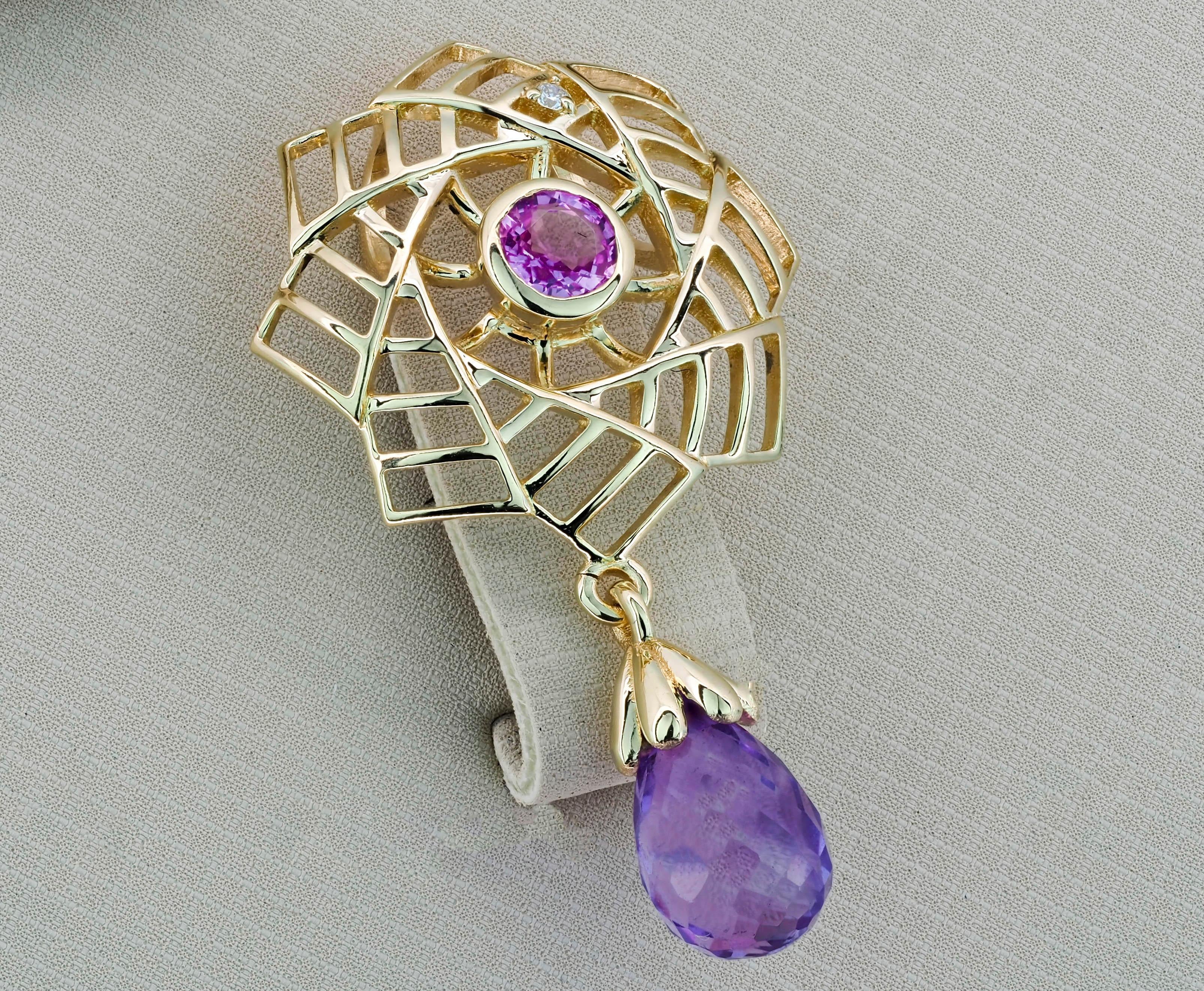 Amethyst Pendant in 14k Gold, Pink Sapphire Pendant in 14k Gold In New Condition For Sale In Istanbul, TR